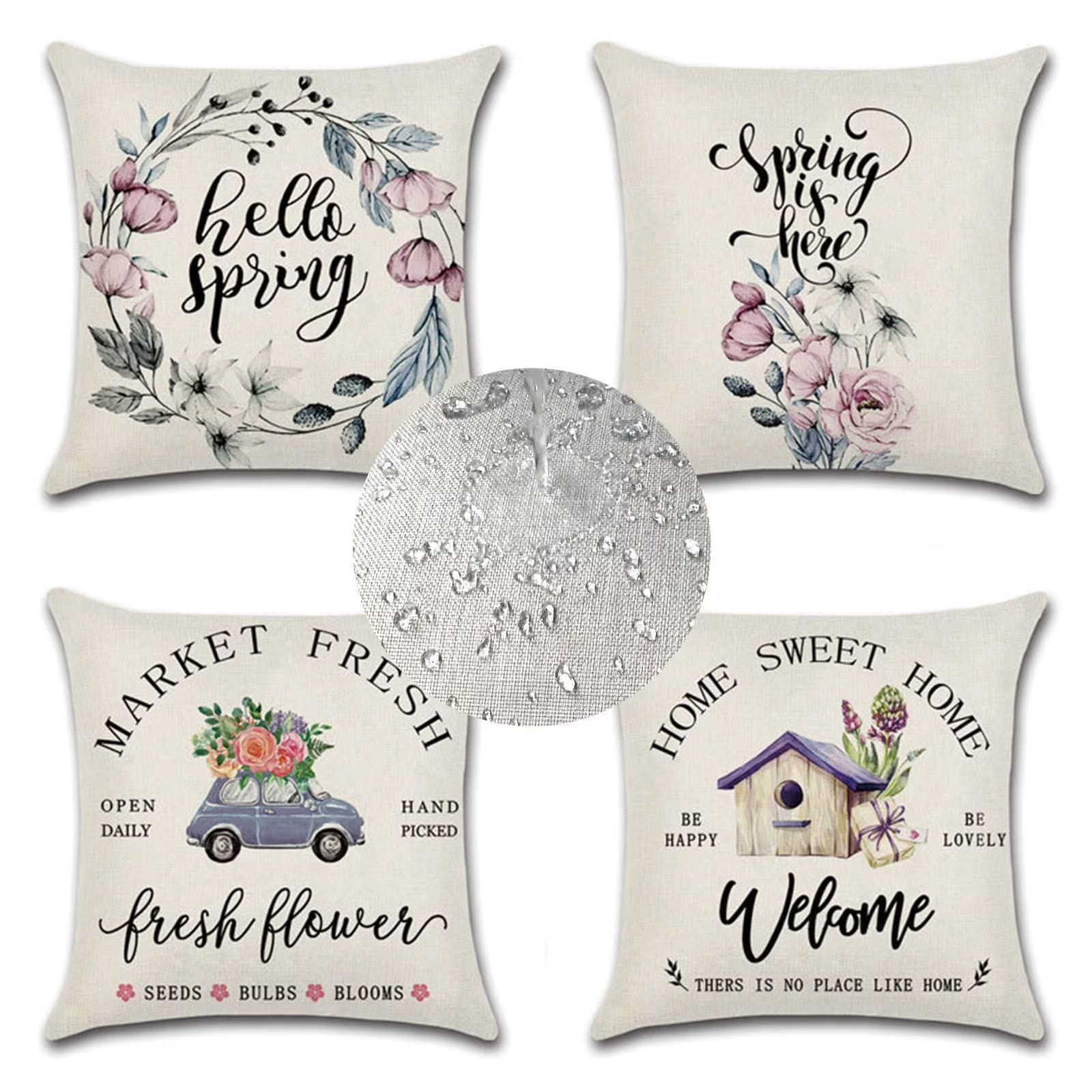 Set Di 4 Federe Per Cuscini 65x65 Cm – Stile Fiore, Lino Impermeabile, Doppia Faccia, Per Esterno E Interno (Bianco/Grigio)
