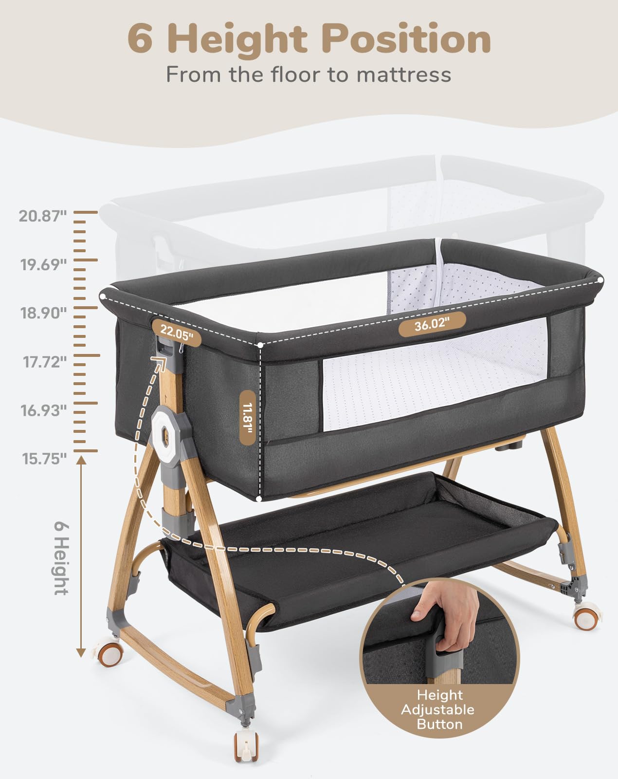 COMOMY Bassinet nocny 3 w 1 z kółkami, łóżeczko Next to Me, ciemnoszary