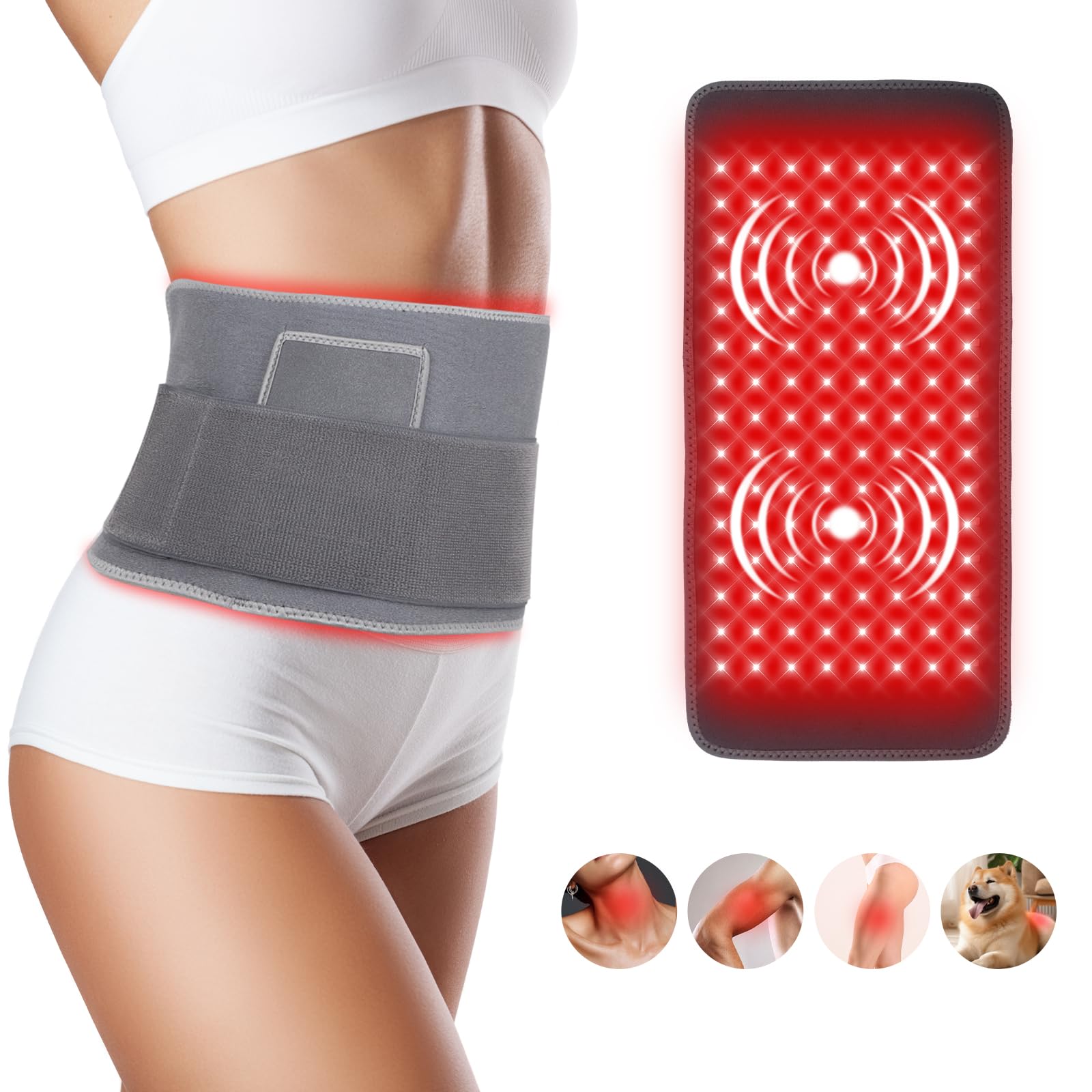 Lower Back Vibration Massager Heating Pad Infra Red Light Therapy Belt for Waist Pain Relief Fitness Muscle Relax WeightLoss Infrared Treatment Wrap Body Neck Knee LED Near Red Light Therapy Device