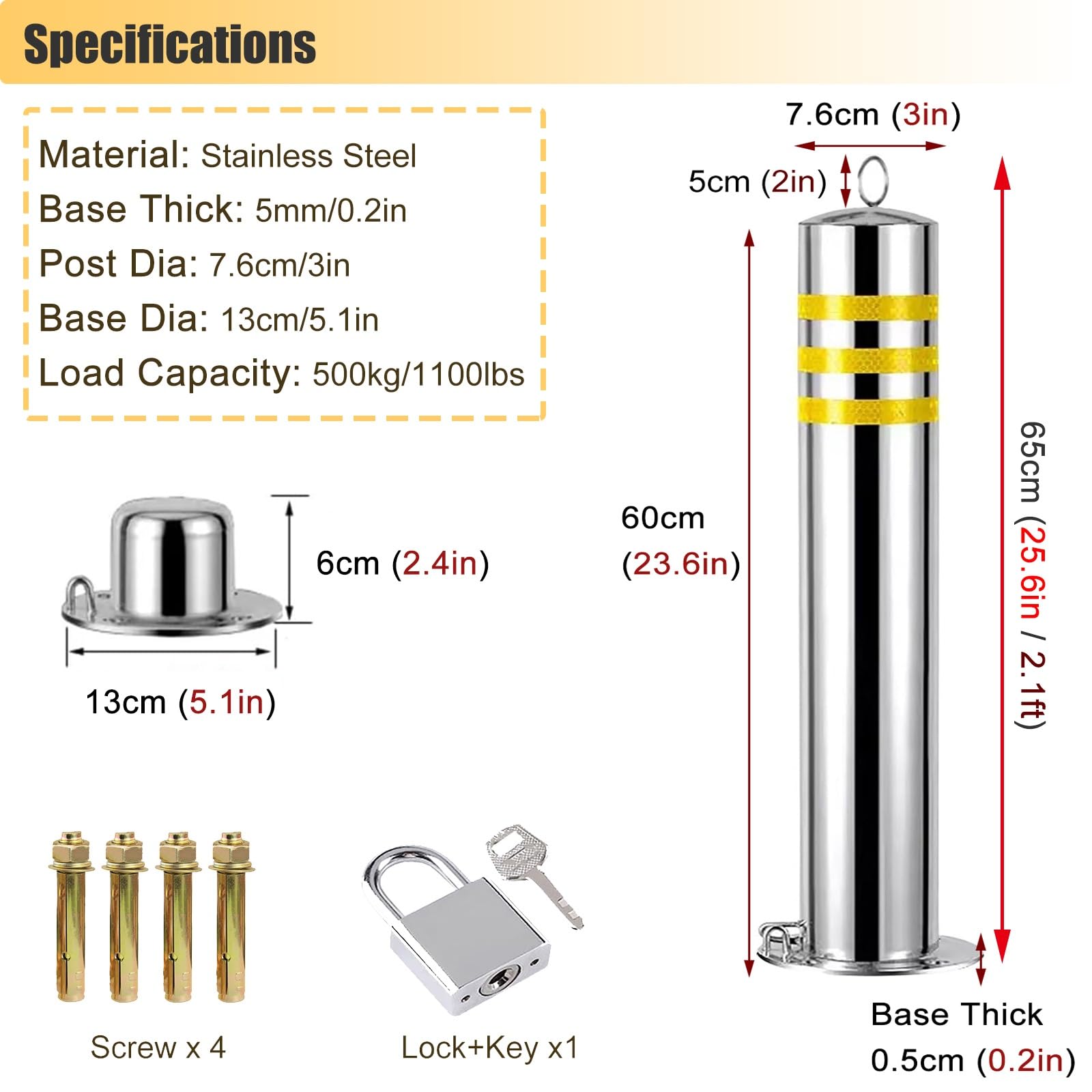 HDYZJQ 60 80 Cm Removable Bollard Post with Lock, Heavy Duty Traffic Delineator Post with Base, Steel Safety Bollards for Parking Lot/Driving Training(8pack,H65cm/25.6in)