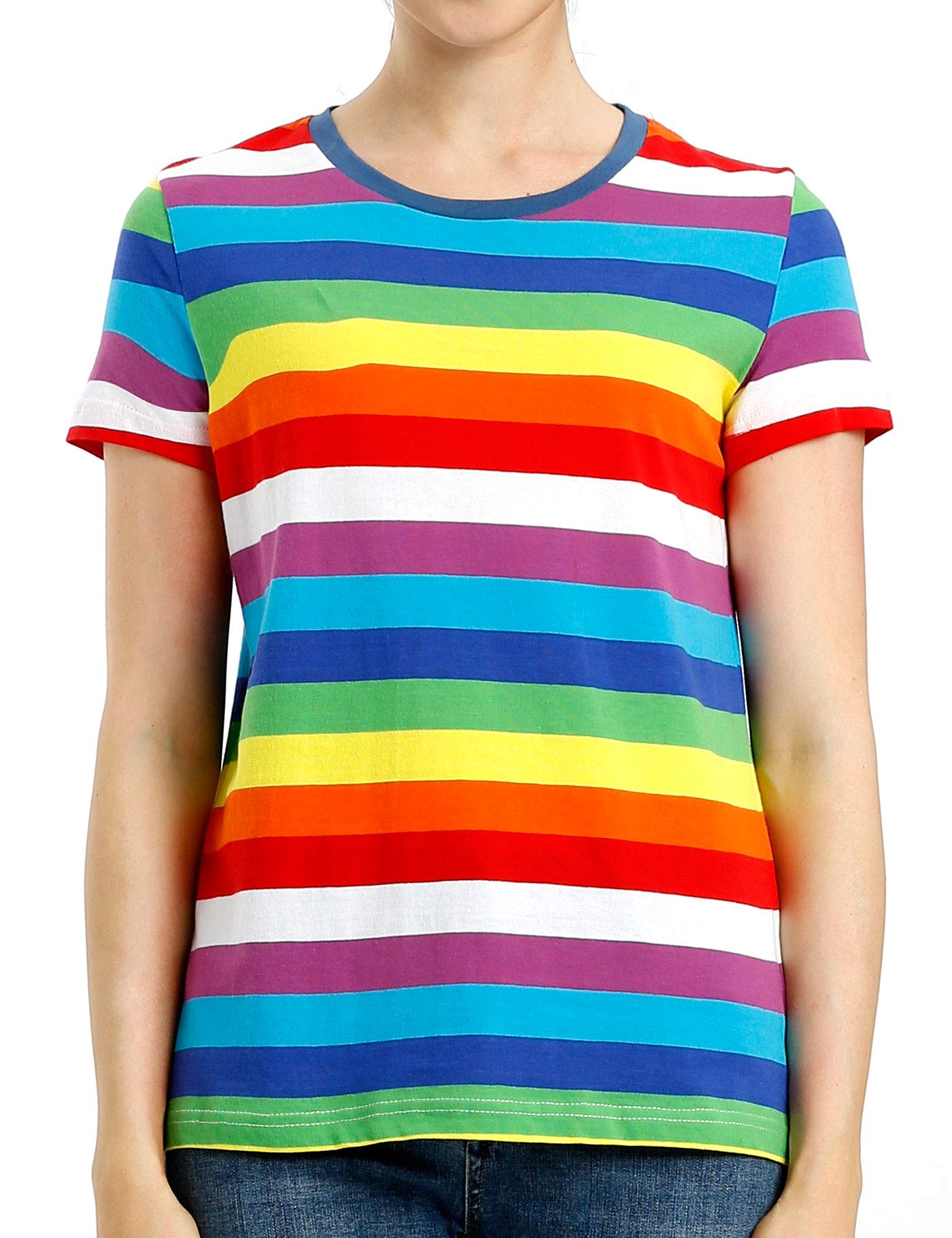 Zbrandy Women's Rainbow Stripes T Shirts For Striped Shirt Crew Neck Short Sleeve Tops M