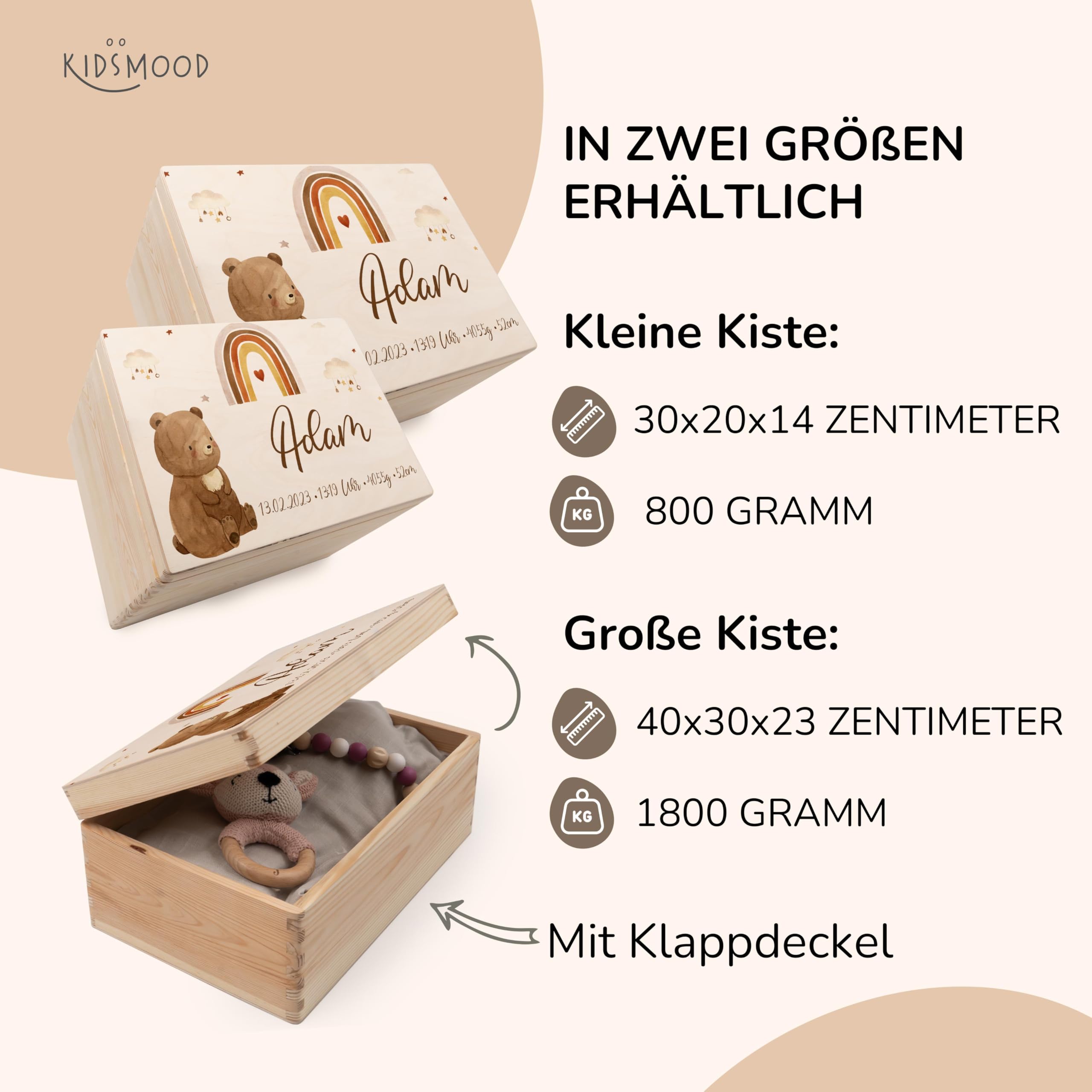 KIDSMOOD - Erinnerungsbox Baby, personalisierte Holzkiste mit Deckel, Ideal zur Aufbewahrung von Erinnerungen und als Geschenk zur Geburt, Taufe oder als Geburtstagsgeschenk für Mädchen und Jungen