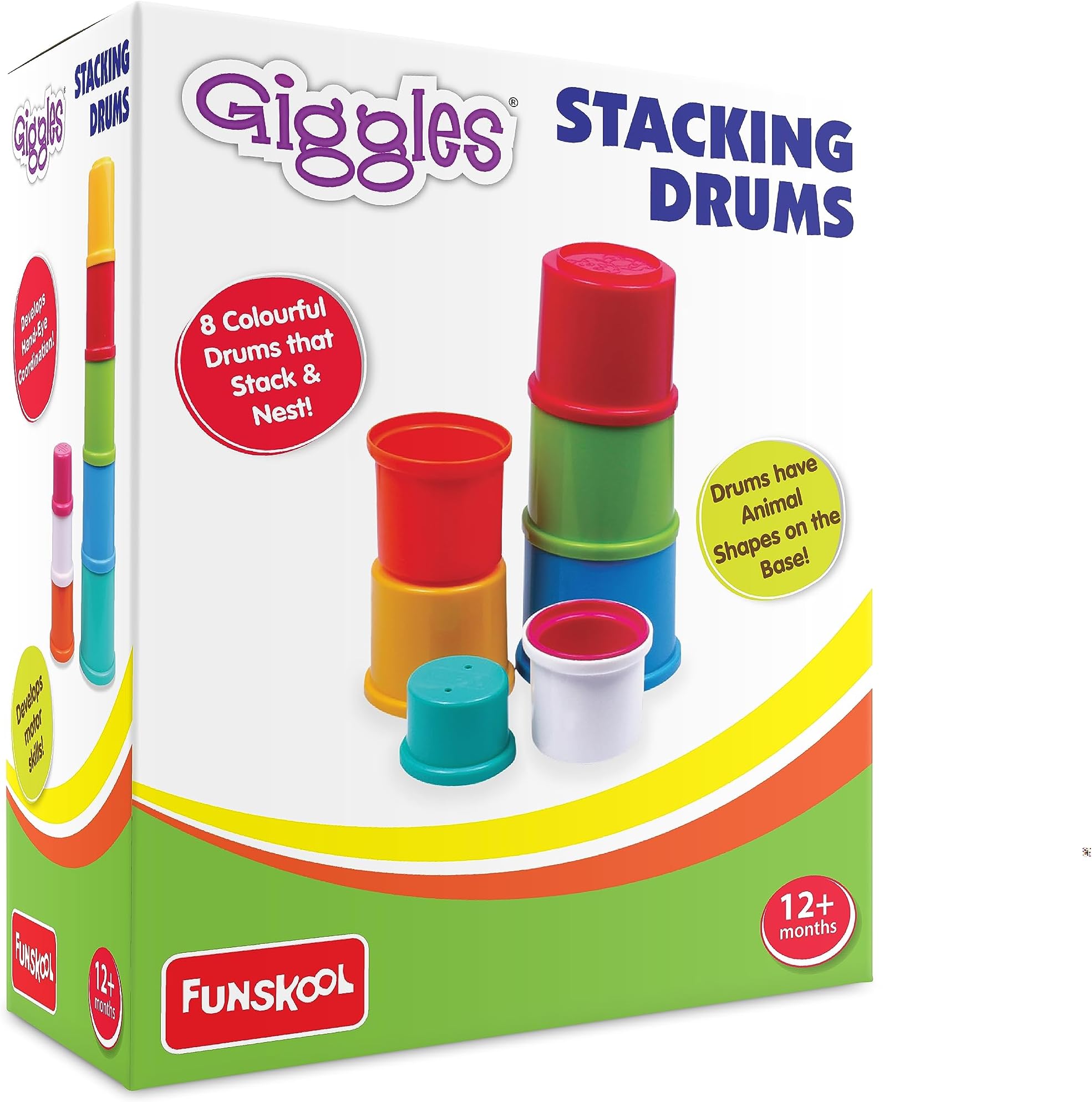 Giggles Funskool - Stacking Drums, Multicolour Stacking Blocks With Animals, Helps To Sort,Stack And Nest, 12 Months & Above, Infant And Preschool Toys