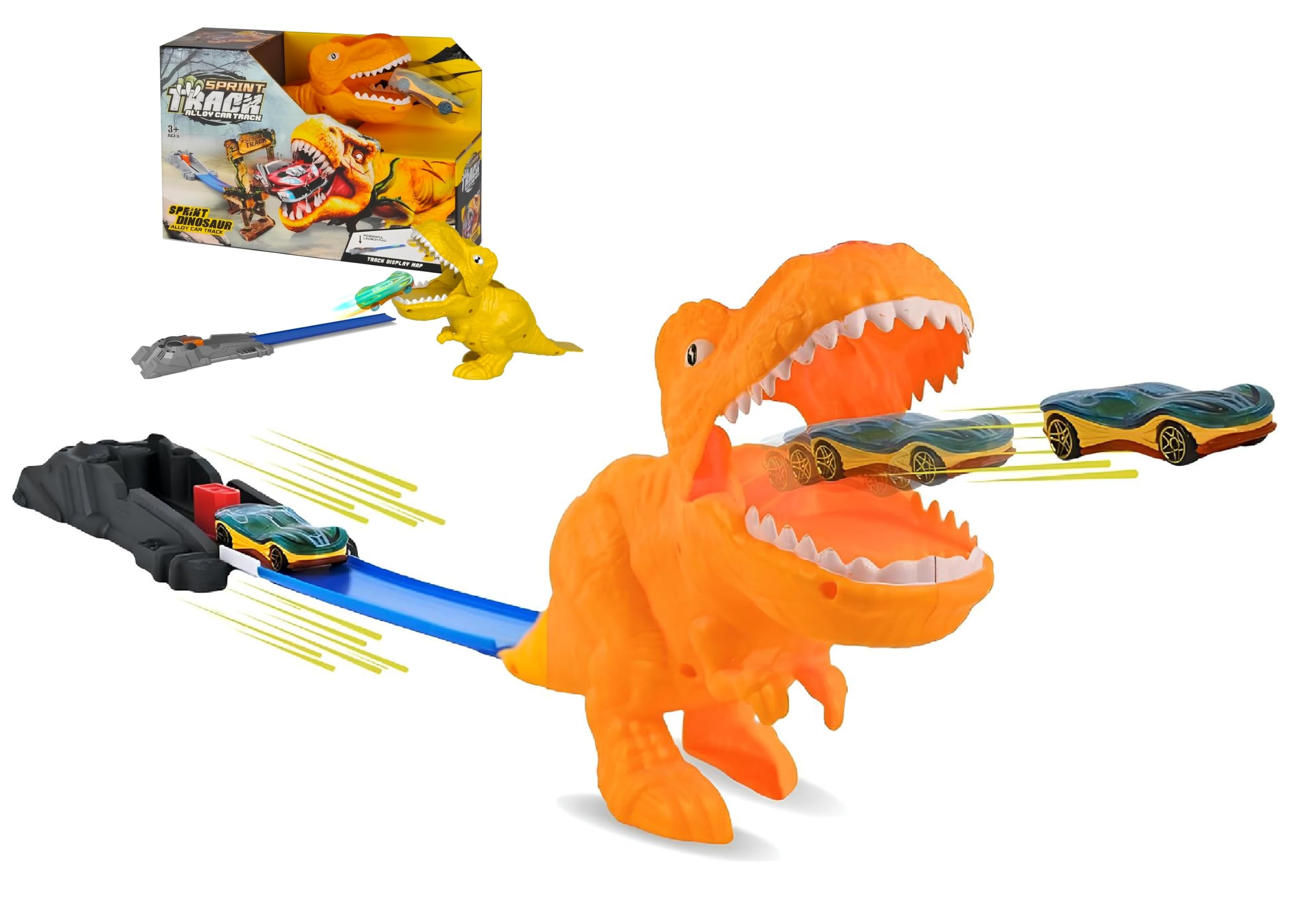 Tyrannosaurus T-Rex Acrobatic Dinosaur Track with Launcher and Metal Car Track Cars Flexible Death Jump Track Dual Function Challenge the Dinosaur Jurassic Loop Track