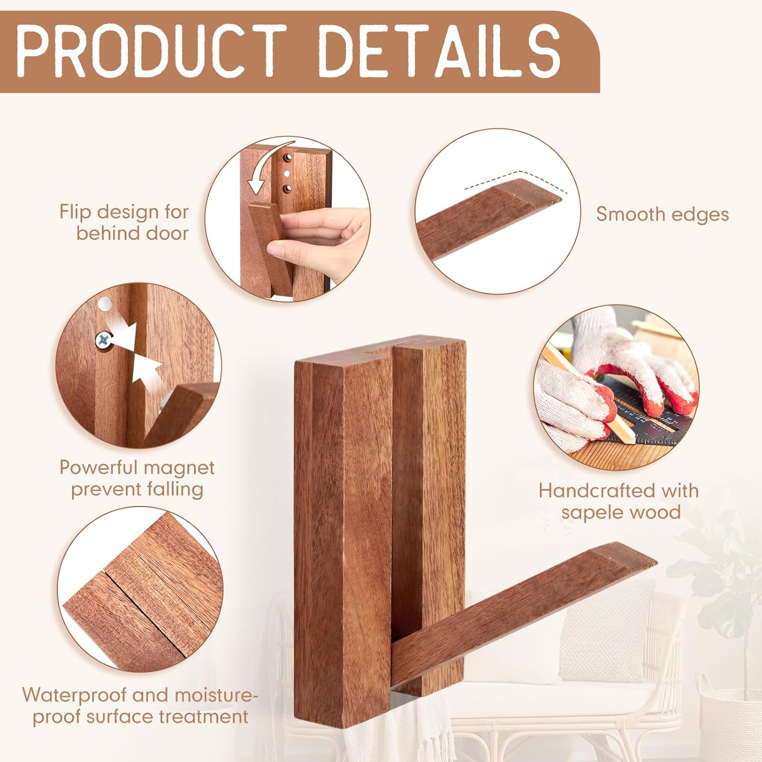 Novabright 6 Pack Foldable Wood Wall Hooks Light Sapele Coat Hooks with Screws & Nail-free Glue for Hanging Hat Backpack Bag Jacket Farmhouse Wall Decorative Bathroom, Bedroom, Kitchen, Entryway Decor