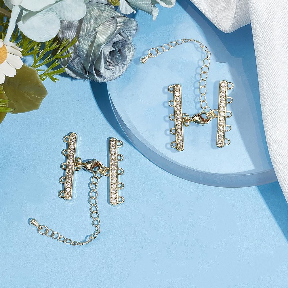 Beebeecraft 4 Sets 2 Colors Layered Necklace Clasps 18K Gold Plated & Platinum Plated Multi Strand Clasps Adjustable Chain Connectors with 5 Strands 10-Hole Ends and Cubic Zirconia for Jewelry Making