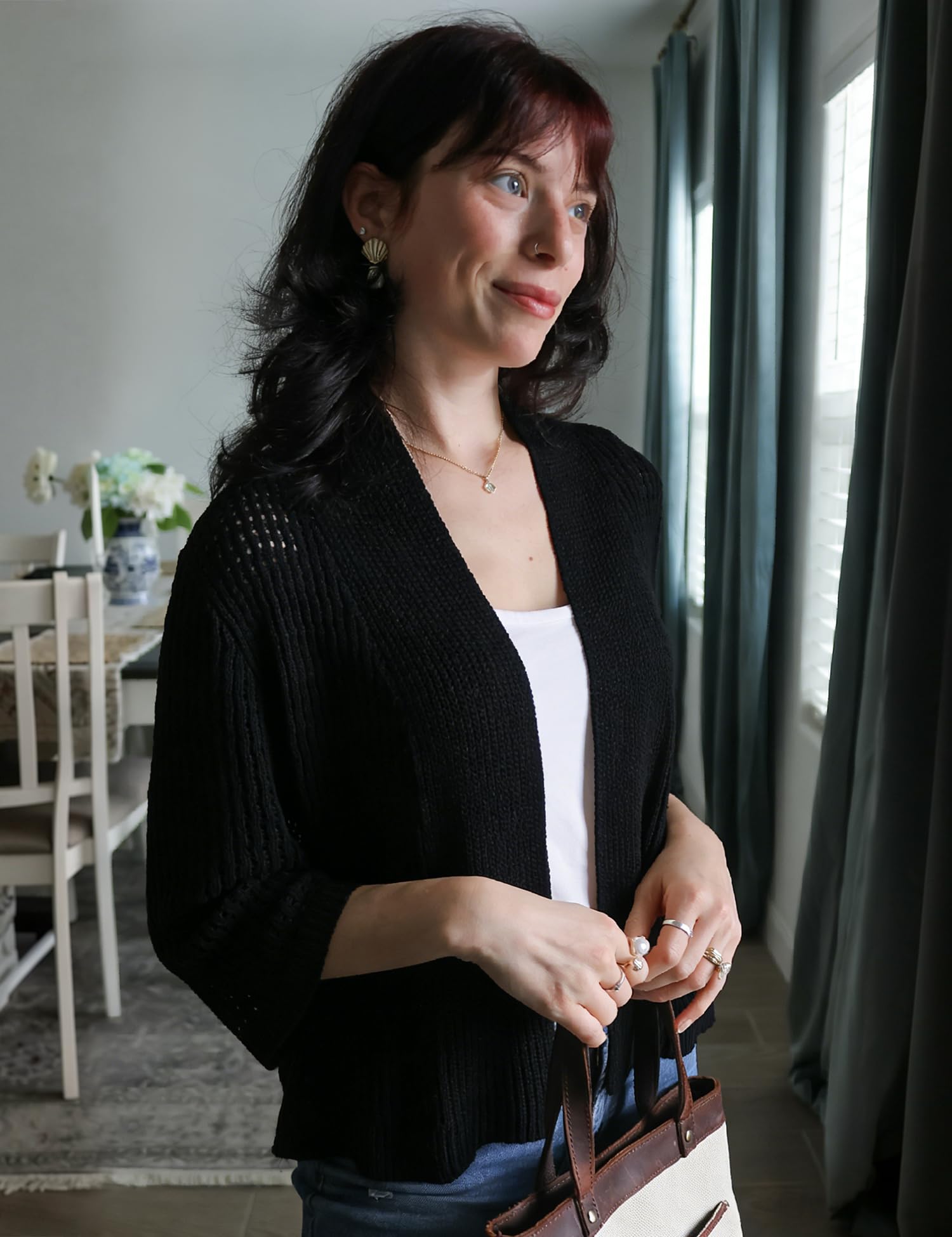 Kistore Bolero da donna, maniche a 3/4, corto, aperto, per abiti, leggero, lavorato a maglia all'uncinetto, cardigan per matrimoni e ufficio, morbido cardigan corto