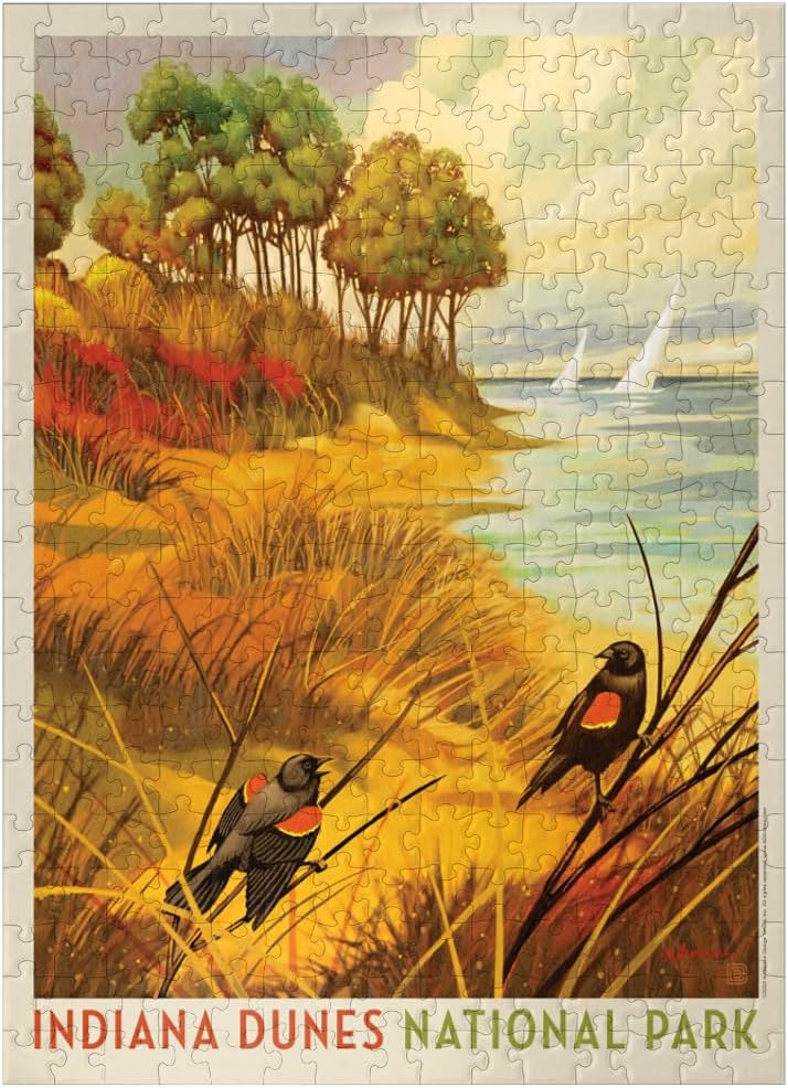 MyPuzzle Indiana Dunes National Park: Red-Winged Blackbirds, Vintage Poster - Premium 500 Piece Jigsaw Puzzle for Adults