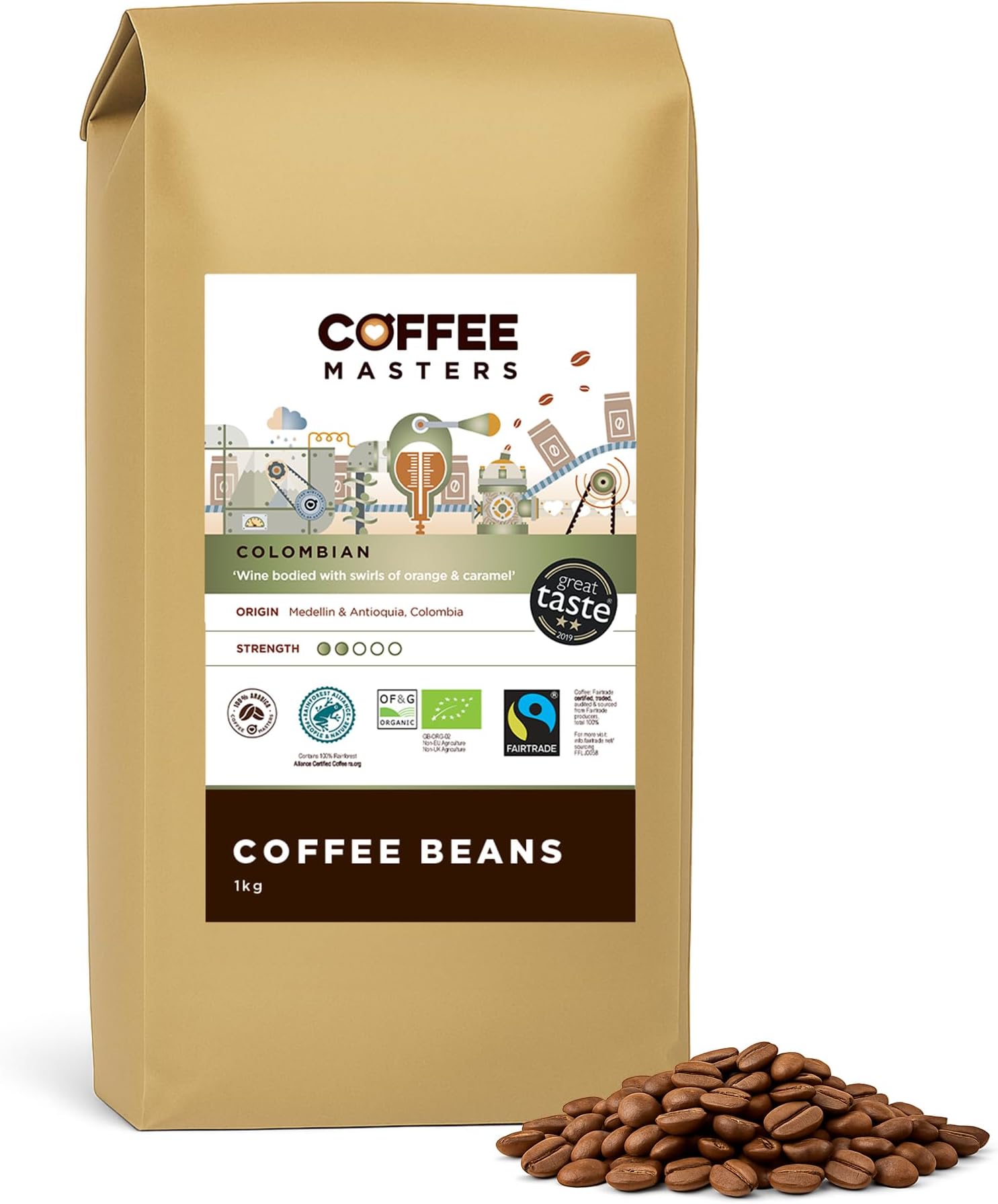 Colombian Organic Coffee Beans 1kg - Fairtrade, Single Origin, 100% Arabica, Light Roasted Whole Bean Ideal for Espresso Machines - Great Taste Award Winner