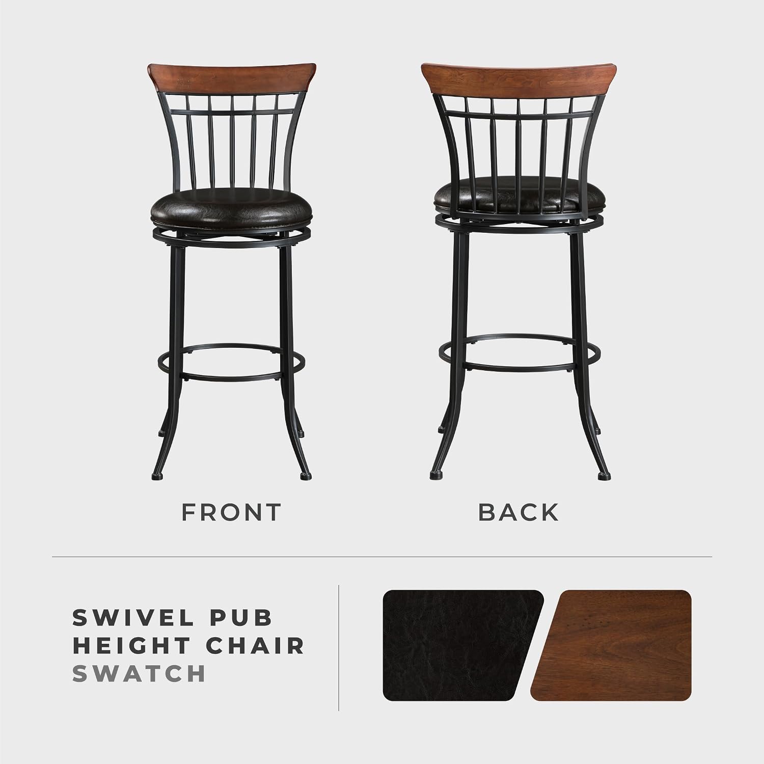 Lexicon Swivel Pub Height Barstool, Modern Black Metal Kitchen Pub Height Barstool with Spindle-Back, Brown Faux Leather Upholstery Seat for Kitchen Island, 29" SH, Black/Brown