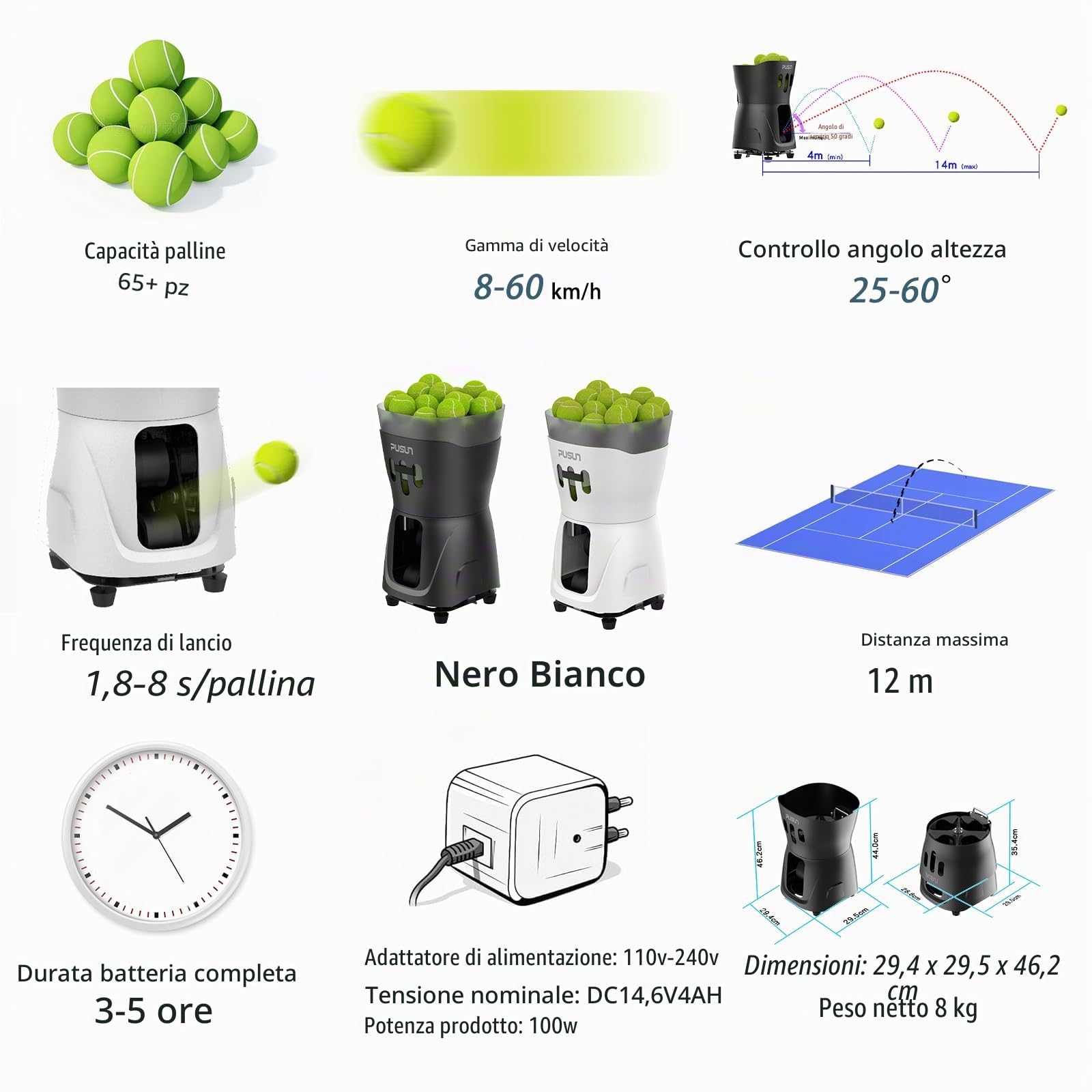 PT-Mini Pro - Macchina professionale per palline da tennis, automatico, con telecomando, controllo intelligente con app, tramoggia di oltre 65 palline, alimentata a batteria, attrezzatura per esercizi