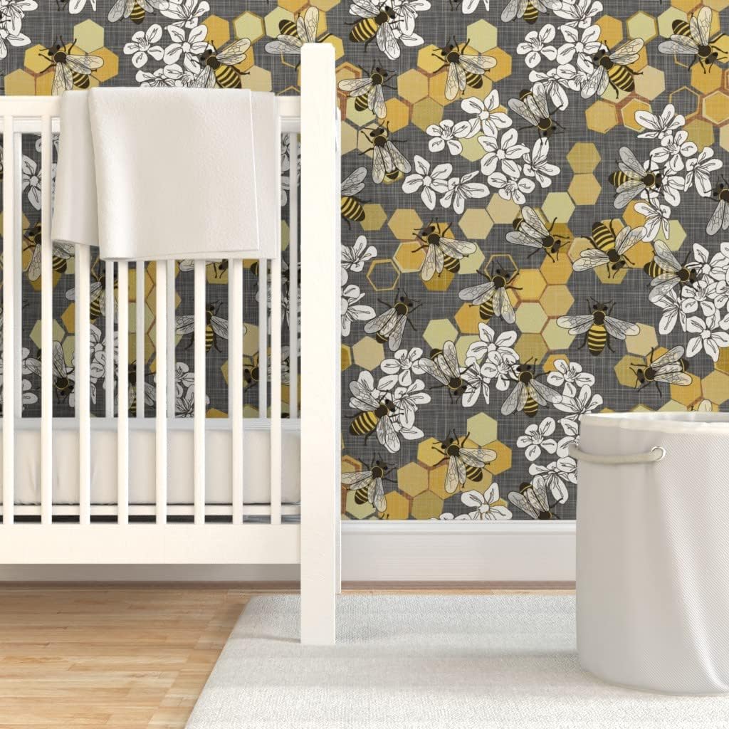 Spoonflower Peel & Stick Wallpaper Swatch - White Floral Nature Modern Yellow Insects Honey Bees Grey Custom Removable Wallpaper