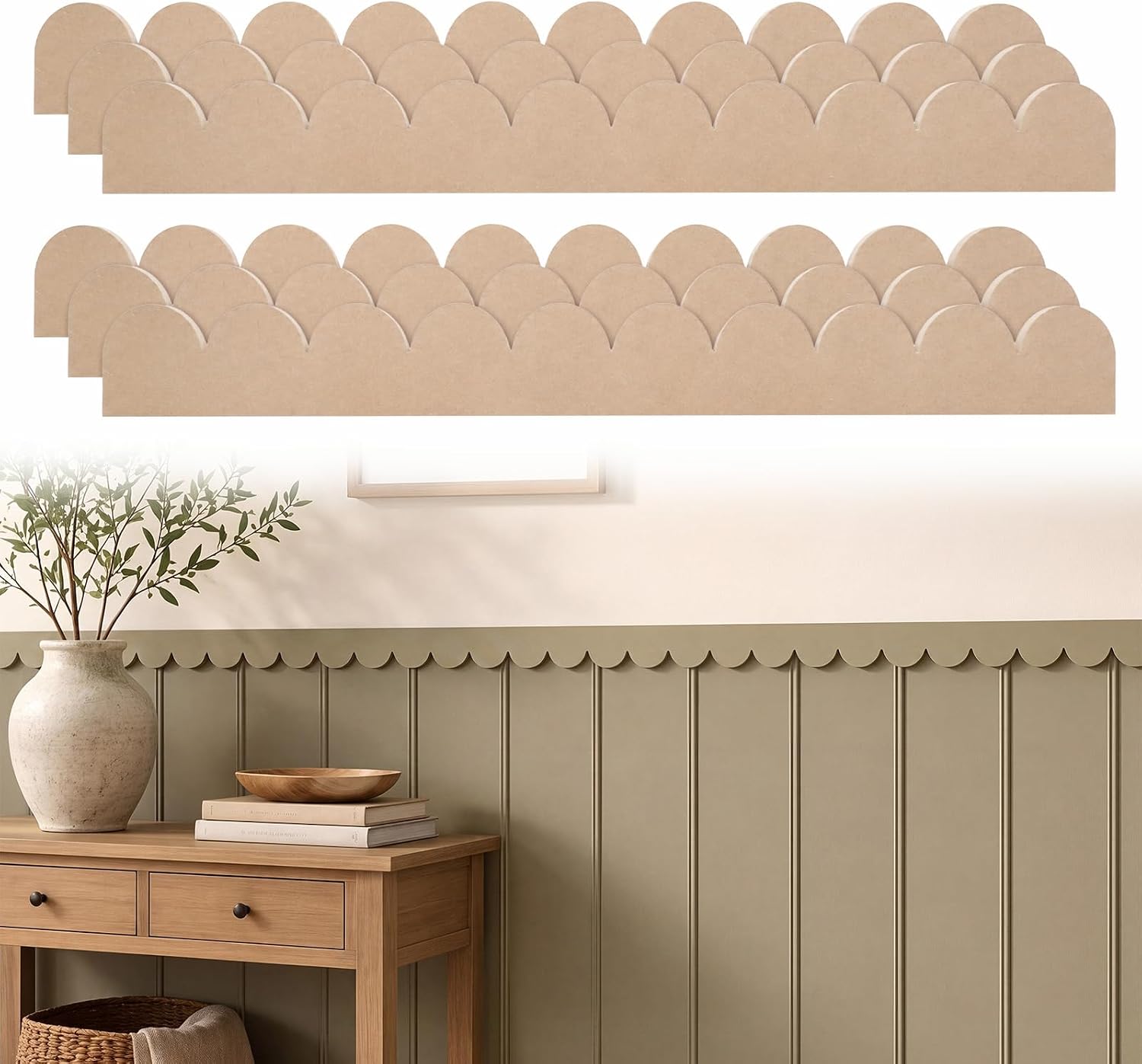 Nuanchu 6 Pieces 29.53'' x 3.15'' Unfinished Scalloped Wood Trim 0.35'' MDF Decorative Edge Trim DIY Molding Wood Pieces for Crafts for Wall Window Cabinet Furniture Nursery