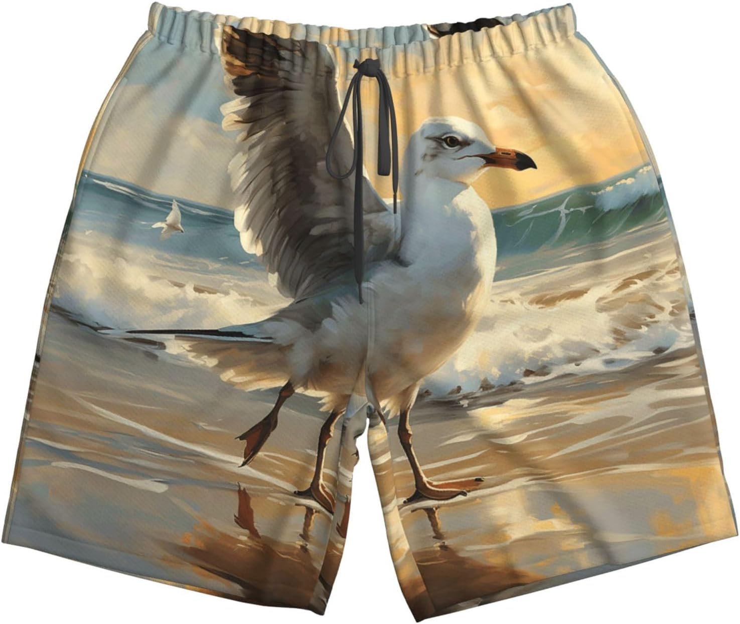 Men's Swim Trunks Quick Dry Bathing Suits Painting of a Seagull Beach Board Shorts Swimwear with Pockets White