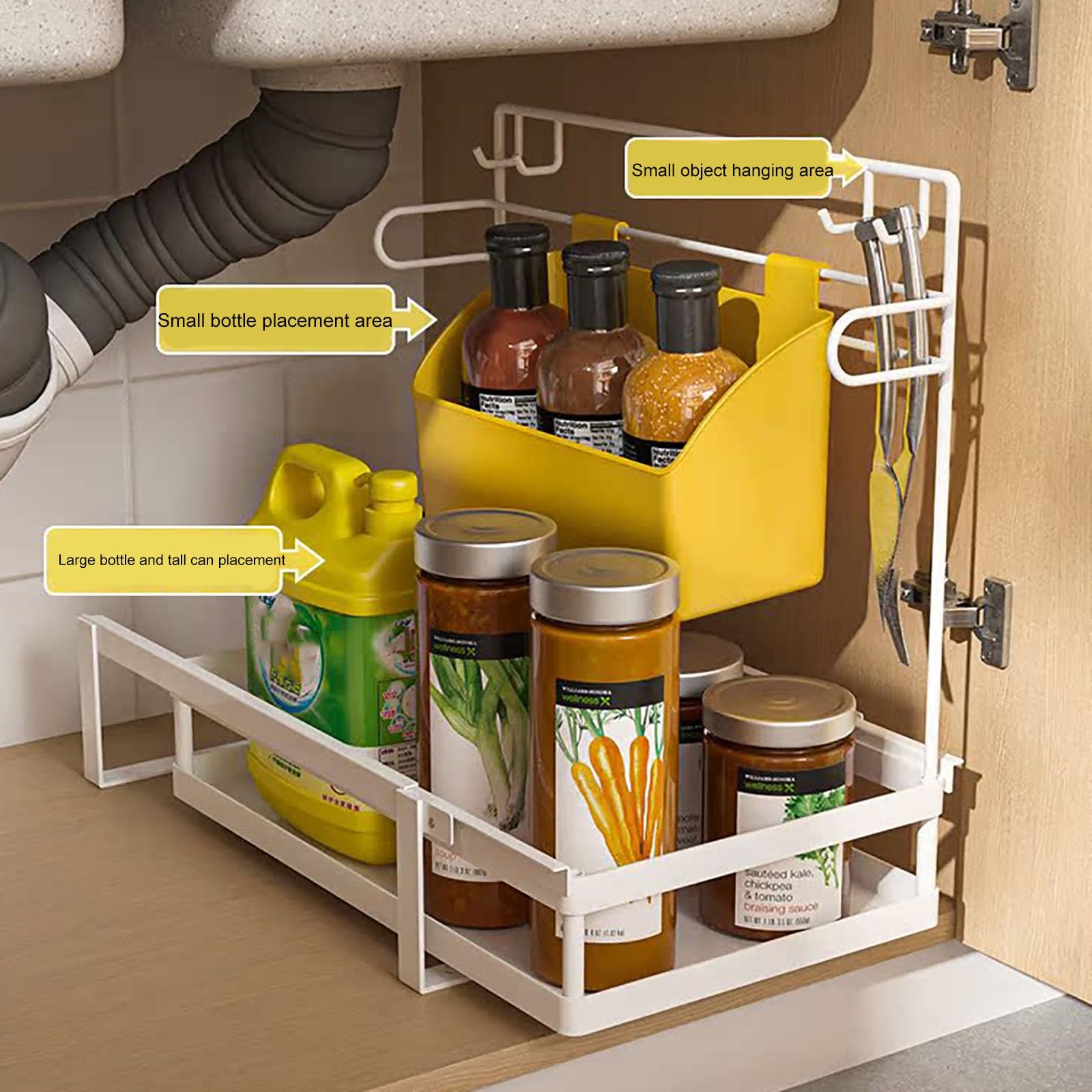 Spülschrank Organizer: 2-stufiger Auszug, Höhenverstellbarer Ausziehschrank-Organizer, Schubladen, Küche & Bad, Metall-Küchen Organizer(White)