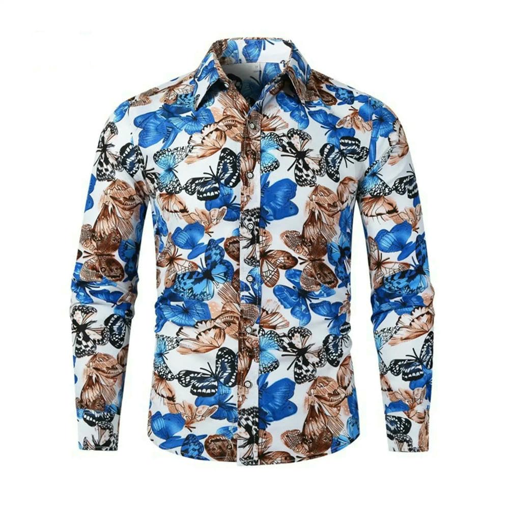 ZBDP - Camicia a maniche lunghe da uomo con stampa a farfalla, stile casual, in poliestere, con colletto hawaiano