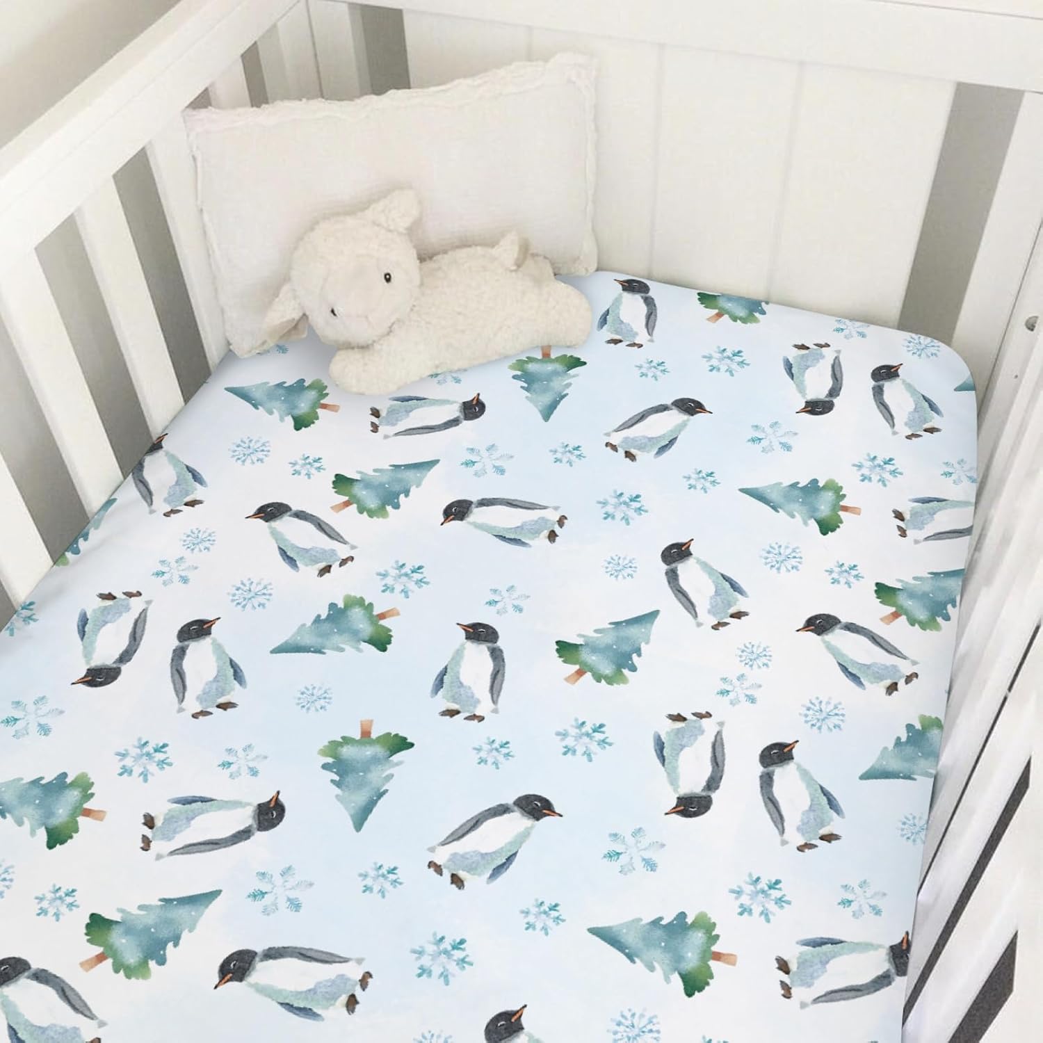 Watercolor Penguins Pine Forest Snowflakes Baby Crib Sheet 52''x28'' Winter Birds Fitted Crib Mattress Cover Boy Girl Holiday Christmas Animal Soft Bed Sheet for Standard Crib Toddler Mattress Blue