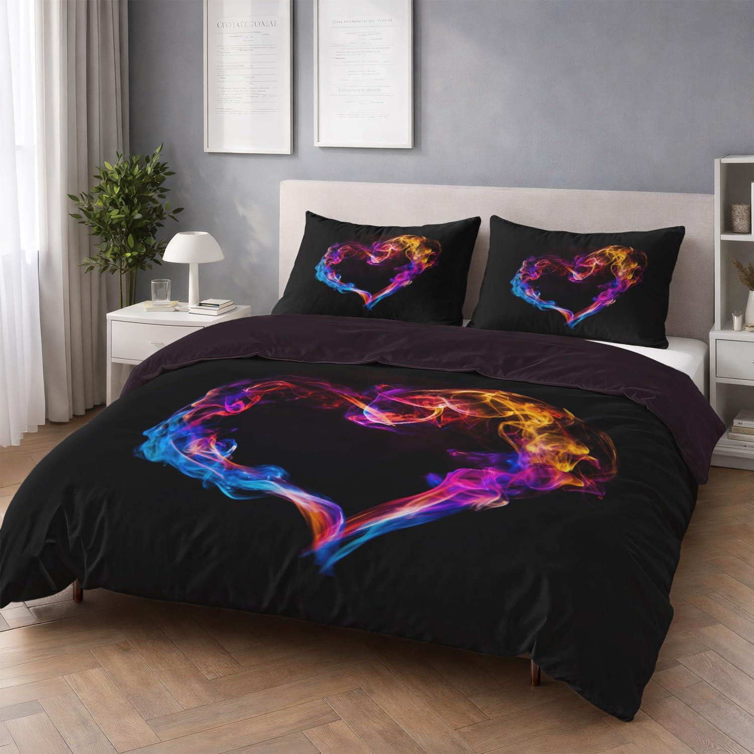 Generisch Fantasy pościel 180 x 200 cm – serce płomień dym, romantyczna, psychodeliczna pościel – oddychająca i przyjazna dla skóry – tęczowa poszewka na kołdrę z 2 poszewkami na poduszkę 80 x 80 cm