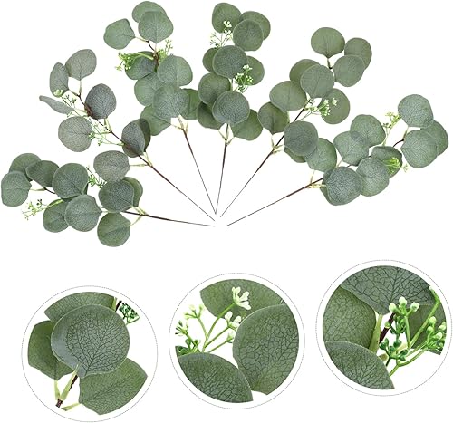 Miniatura 9 de VOSAREA 18 piezas de hojas de eucalipto simuladas, ramas de eucalipto falsas, ramas de eucalipto de plata sintética, tallos de corona verde, plantas