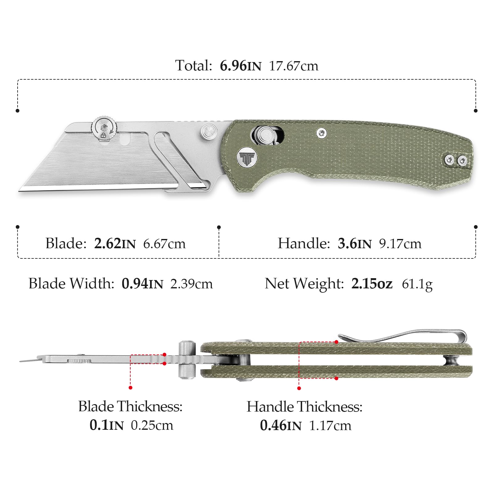 TRIVISA Klappmesser – Puppy-GM, Cuttermesser mit Schnellwechselklinge, Taschenclip, Micarta-Griff, 5 Extra-Klingen, Teppichmesser für Damen und Herren (Grün)