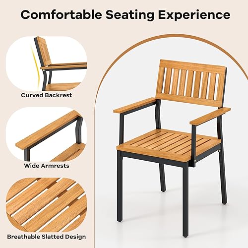 Miniatura 6 de Tangkula Juego de comedor al aire libre de 7 piezas para 6, mesa de comedor rectangular de madera de acacia y 6 sillones con marco de metal, agujero