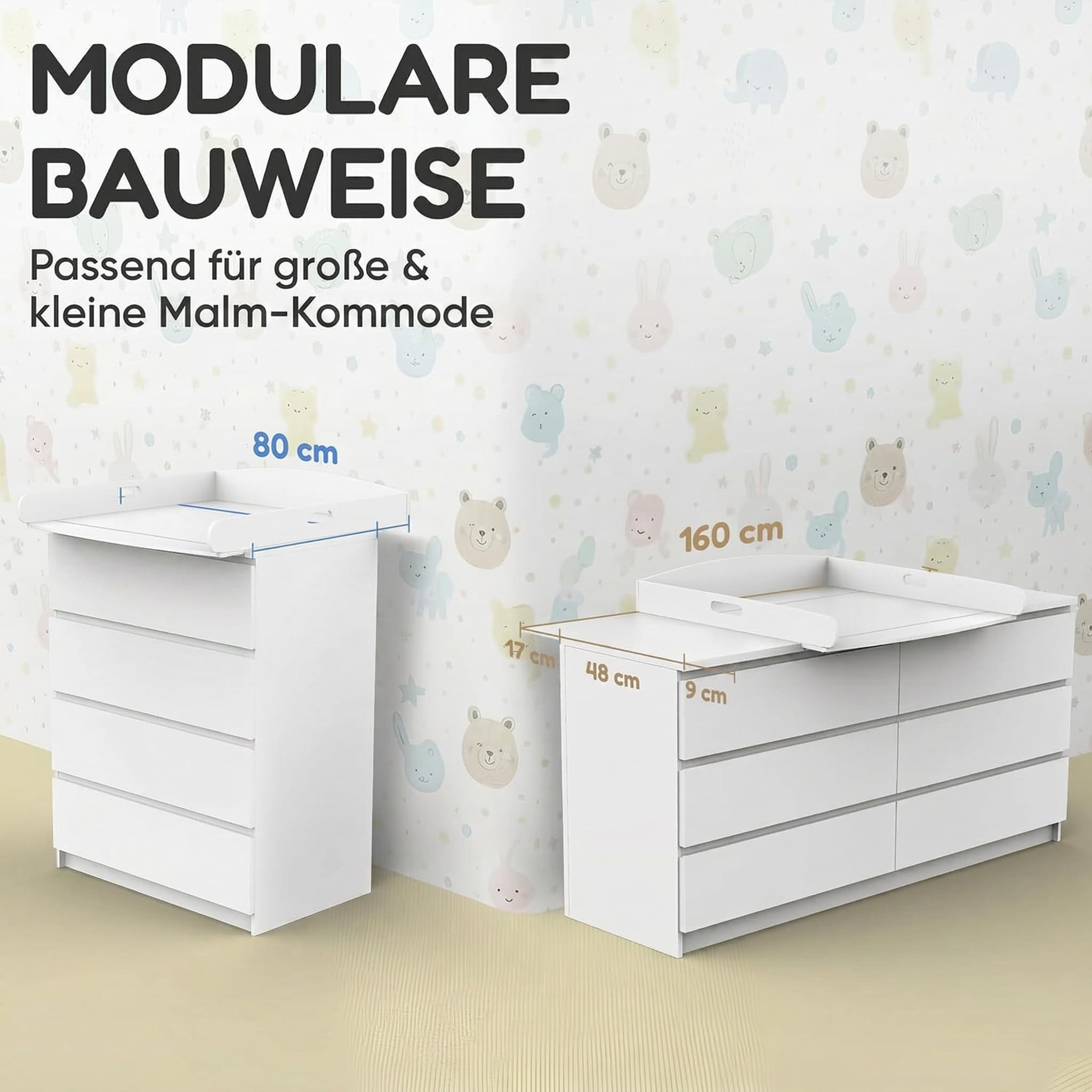 Heldenzimmer Wickelaufsatz Malm Kommode [80 & 160cm] ohne Lücke zur Wand - Für große und kleine Malm Kommoden