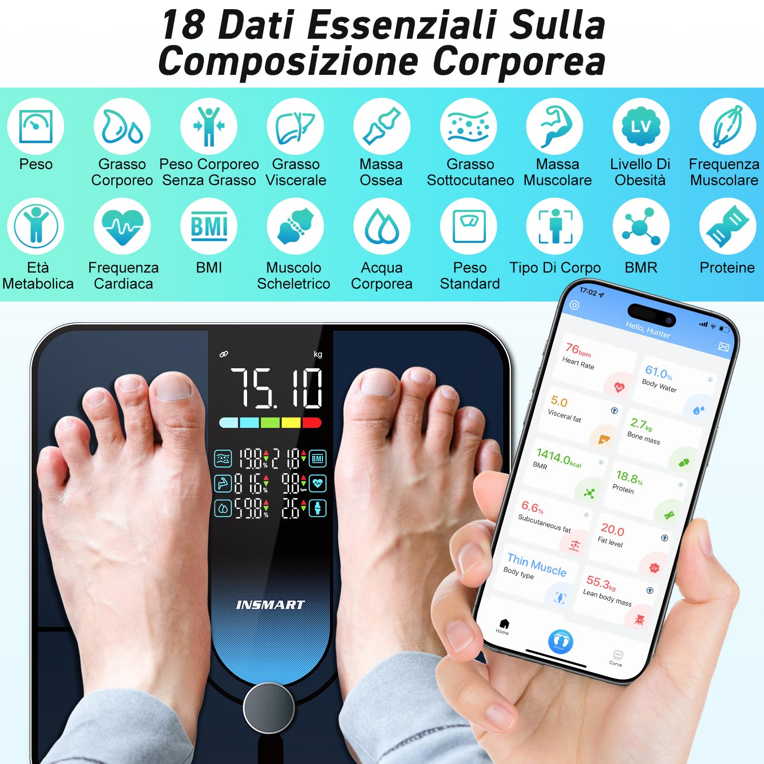 Bilancia Intelligente INSMART Per Il Peso Corporeo, Bilancia Per Grasso Corporeo Con Ampio Display, Bilancia Da Bagno Bluetooth Ad Alta Precisione Da 227 Kg/500 Libbre 30x30 Cm, Può Misurare 18 Dati