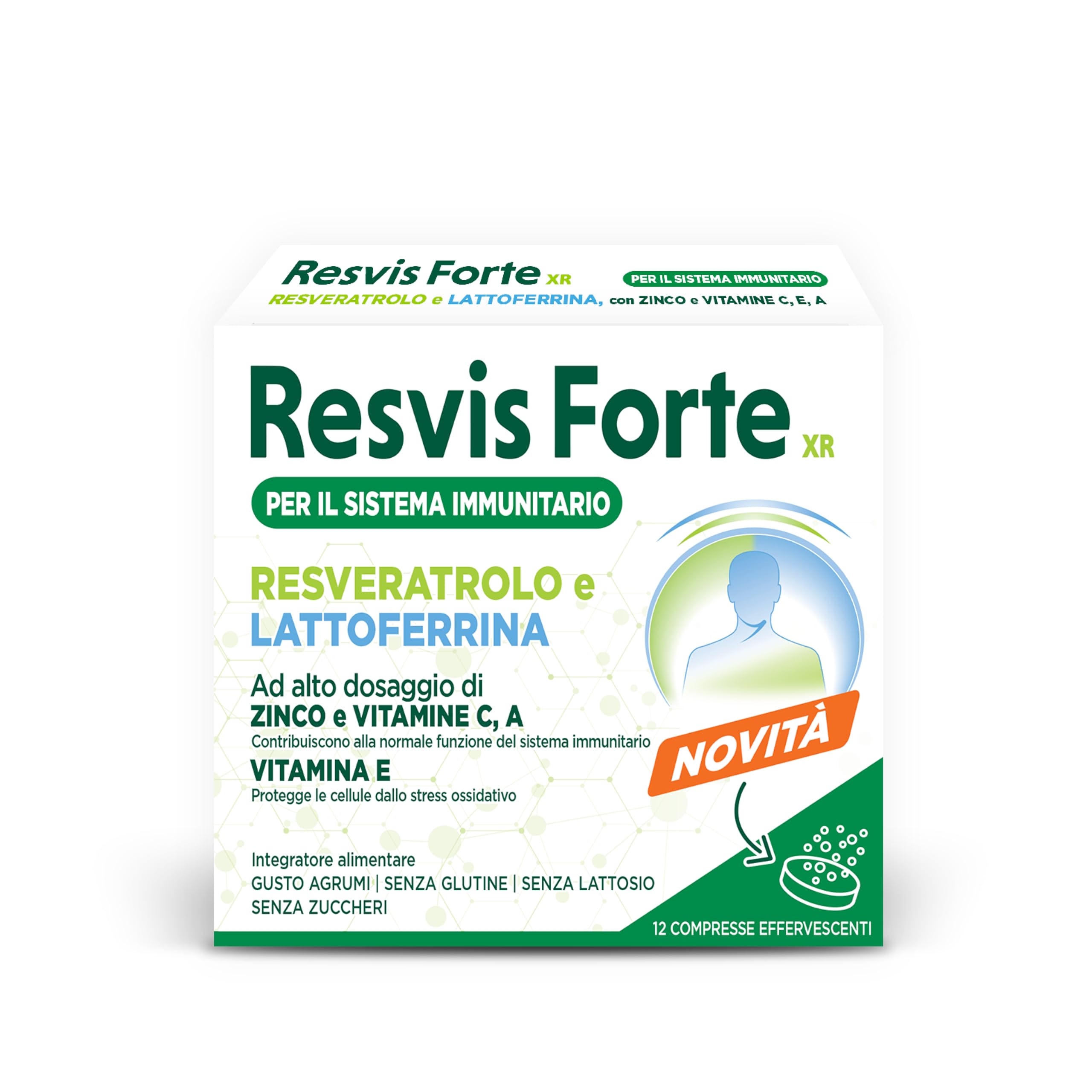 Resvis Forte Xr, Integratore Alimentare di Resveratrolo e Lattoferrina, per il Benessere del Sistema Immunitario, Senza Glutine e Lattosio, 12 Compresse Effervescenti Da 4 g, Gusto Agrumi