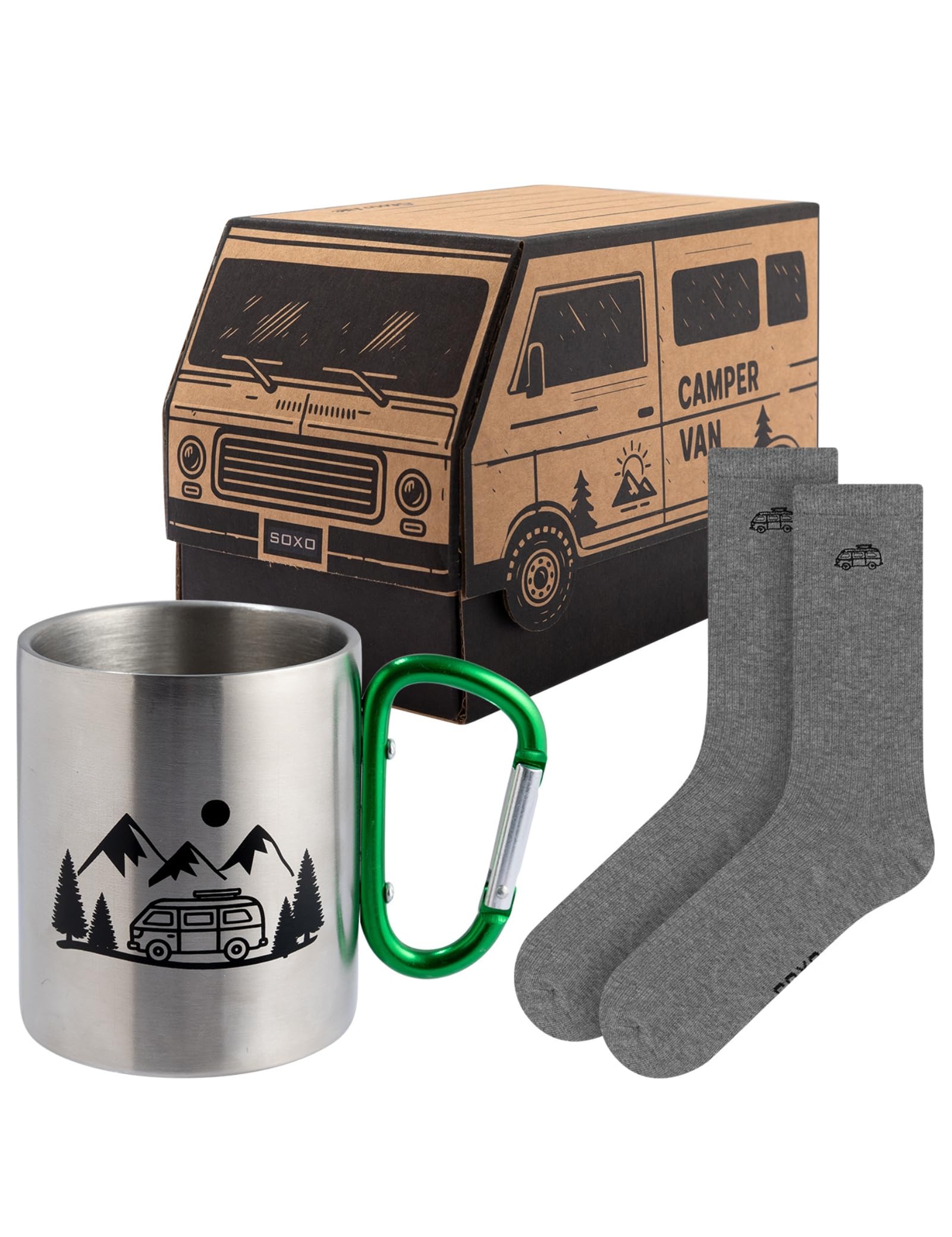 soxo Camper Thermobecher Set Mit Herren Socken Lustige Geschenke Für Männer Camping Baumwolle Socks Hobby 40-45