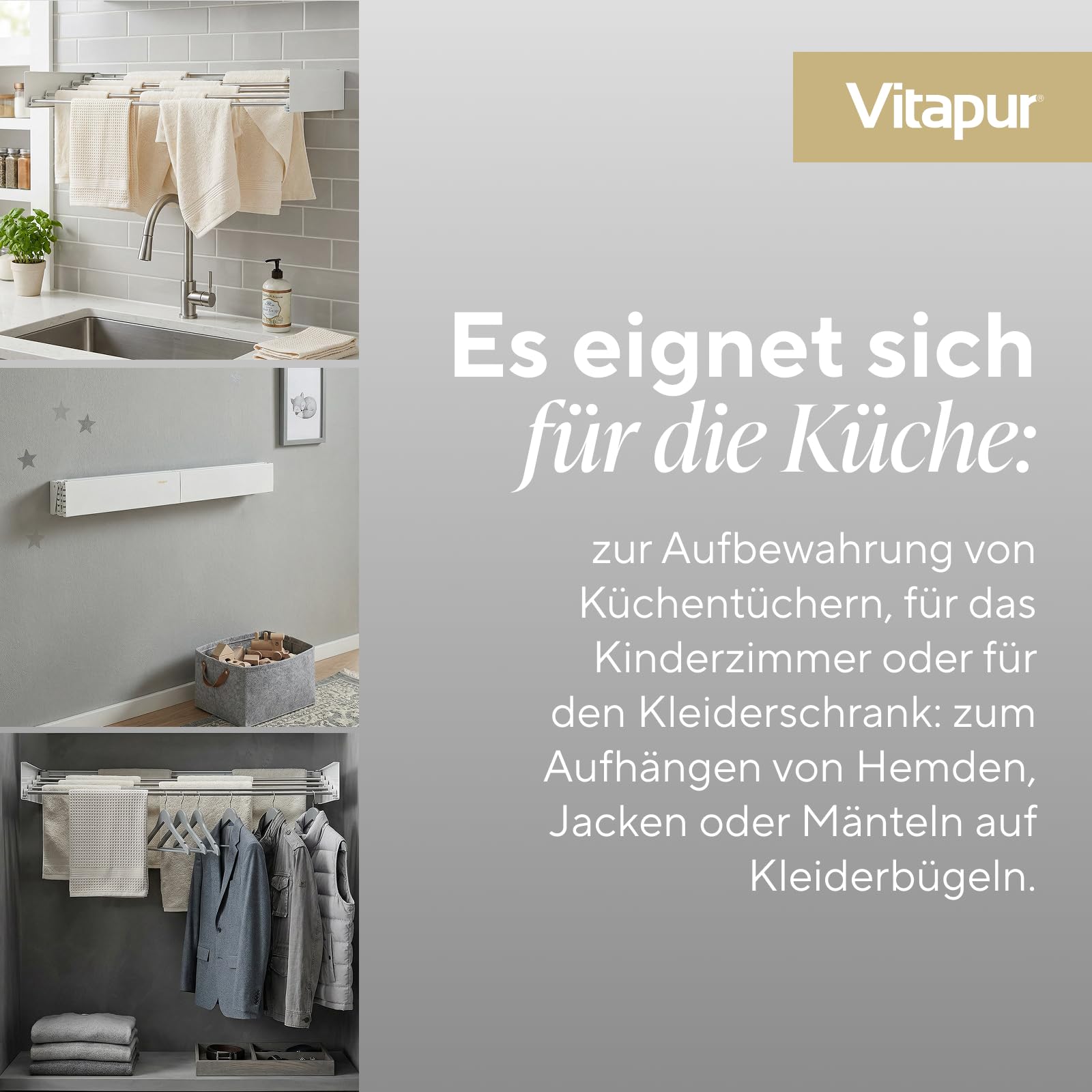 VITAPUR Stendibiancheria da Parete Retrattile - Per Carico Completo - 4m Superficie Pieghevole - Design Elegante e Antiruggine - 6 Barre Antiruggine, Estensibile per Interni ed Esterni - Marchio UE