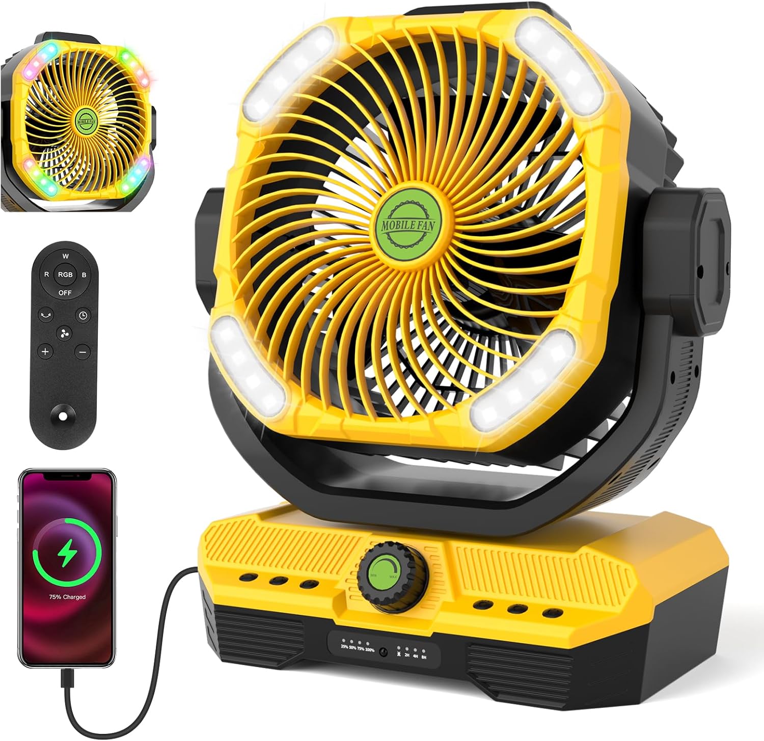 RUNTOP 45000mAh Large Battery Operated Fan, High Speed Oscillating Camping Fan with Remote,Quiet Adjustable Tilt Rechargeable Fans, Battery Powered fansfor Tent Home Office, Bedroom Travel (Yellow)