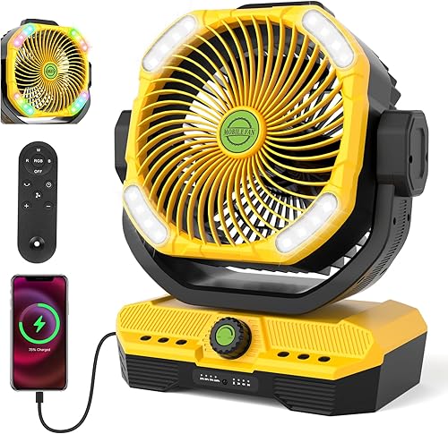 Miniatura 8 de RUNTOP Ventilador grande de 45000 mAh con pilas, ventilador oscilante de alta velocidad con control remoto, ventiladores recargables de inclinación