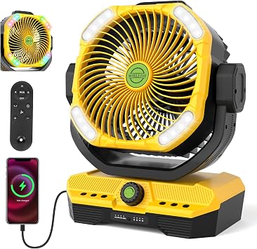 RUNTOP 45000mAh Large Battery Operated Fan, High Speed Oscillating Camping Fan with Remote,Quiet Adjustable Tilt Rechargeable Fans, Battery Powered fansfor Tent Home Office, Bedroom Travel Yellow