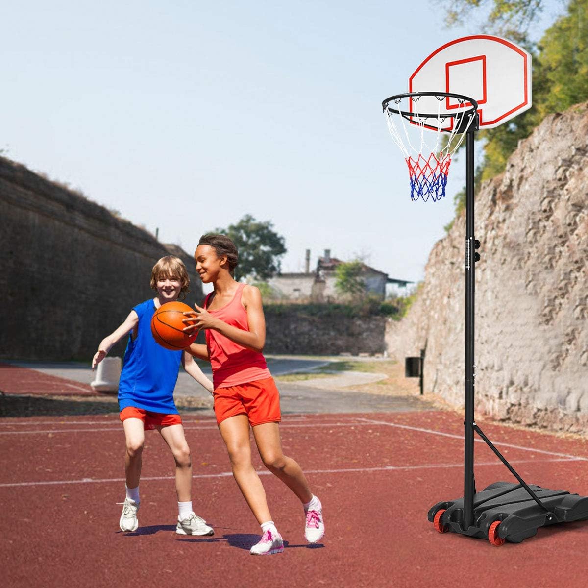 GYMAX Basketball Hoop, 7.1-8.1FT Adjustable Basketball System w/Shatterproof Backboard, Fillable Base, 2 Wheels & Nets, All Weather Portable Basketball Goal for Kids Teens Adults, Indoor Outdoor Gym