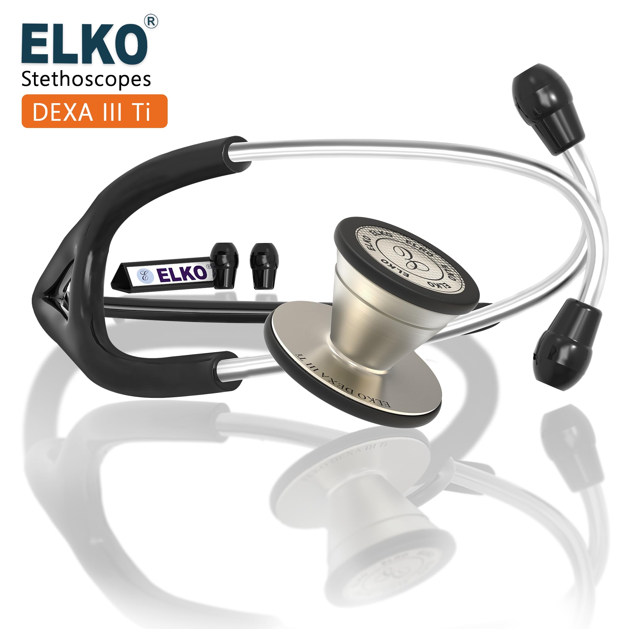 ELKO EL-250 DEXA III Ti Titanium dual head acoustic stethoscope | Adult & Pediatric Stethoscope with Double-sided Natural Titanium Chestpiece | Two-Way PVC Tubing | Doctors & Medical Students (BLACK) - Image 6 thumbnail