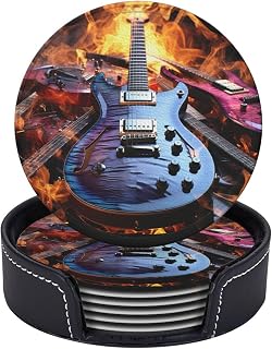 Magic Electric Guitar Music Leather Coasters Set of 6 with Holder | 4"" Personalized Round Coasters For Drinks, Tabletop Protection, Absorbent Cup Coasters, Home Décor And Housewarming Gift
