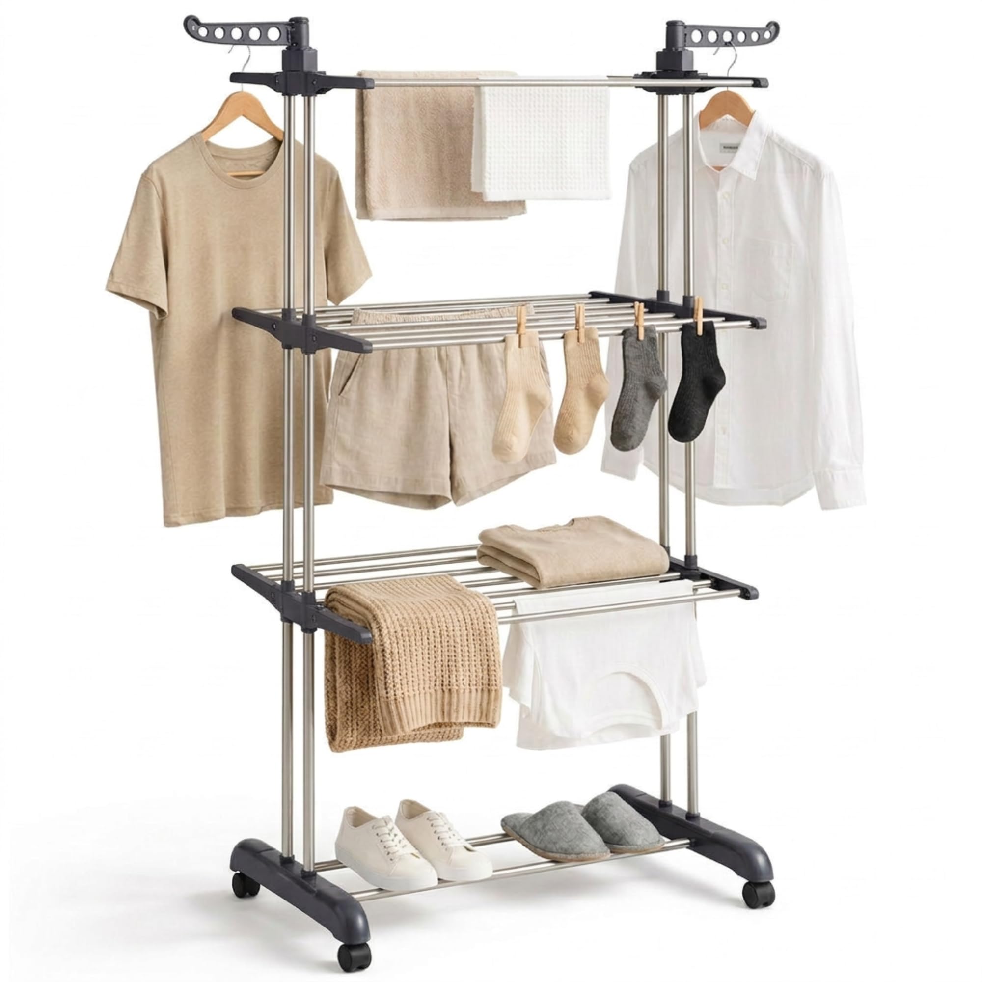 edihome, Tendedero Vertical, Plegable, 4 Niveles con Alas Laterales, Acero Inoxidable, 35 kg Capacidad, con Ruedas, Ahorra Espacio, Interior y Exterior (Gris)