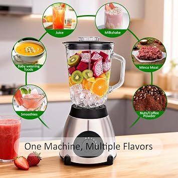 Blender, 1000W Smoothie & Food Blender, 20000 RPM Fruit blender with 1.5 Liter Large Glass Cups, Stainless Steel Housing, Quiet Noise Reduction Design for Home Juice & Smoothie Making