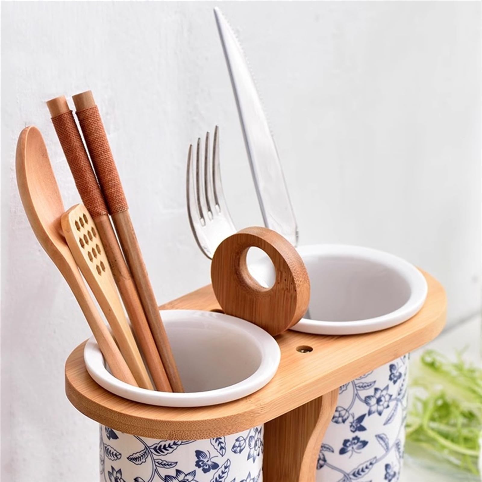 Utensilienhalter, Abtropfgestell aus Keramik for Besteck mit Bambushalter und 2 Fächern, for Utensilien-Organizer Aufbewahrung von Kochutensilien, Messerblock