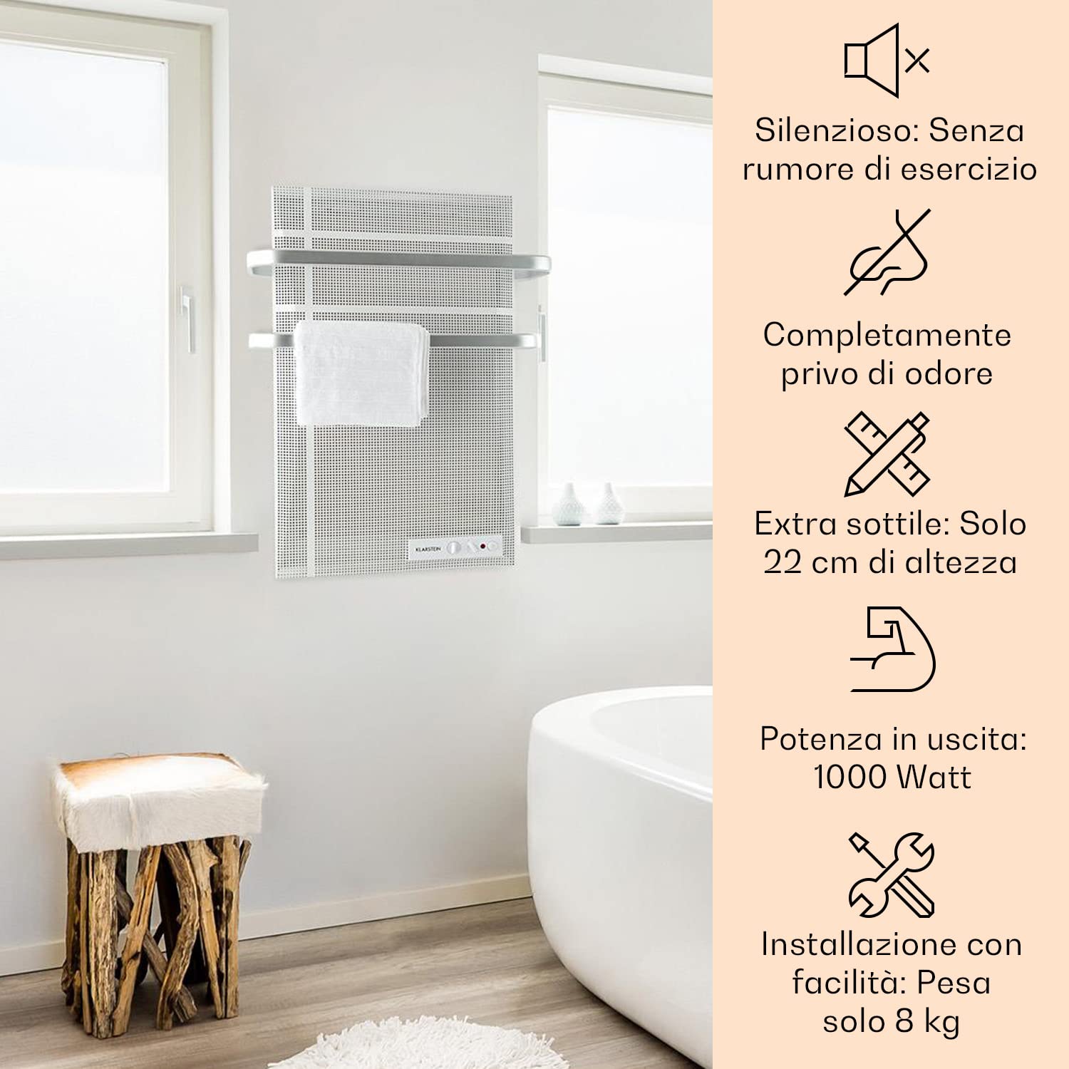 Klarstein Smart Stufa Elettrica Basso Consumo, Termoconvettore a Parete 1000W Termosifone , Riscaldamento , Pannello Radiante Infrarossi, Lampada Riscaldante, Termostato, IP24 No CO2