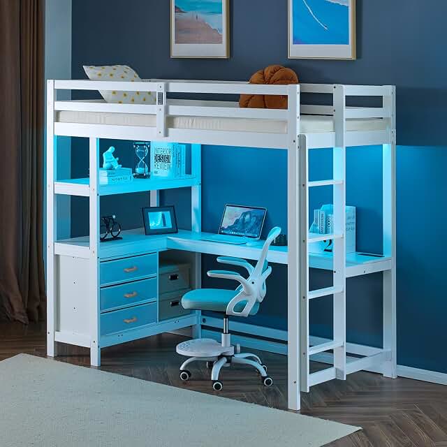 VINGLI twin loft bed with desk and storage drawers