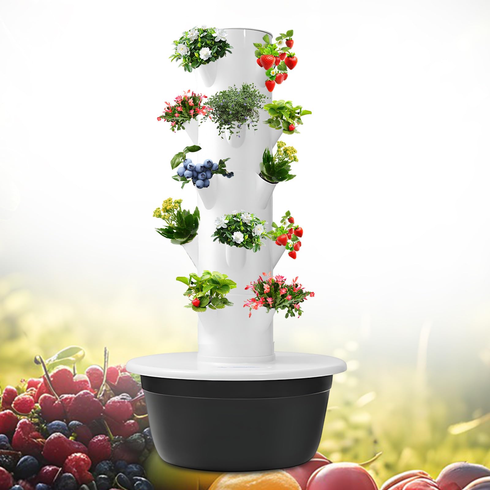 Aeroponic pionowa wieża ogrodowa, sterowana czasowo, nawadnianie i pompka, do użytku wewnątrz i na zewnątrz, do ziół i warzyw, 5-warstwowa, czarna