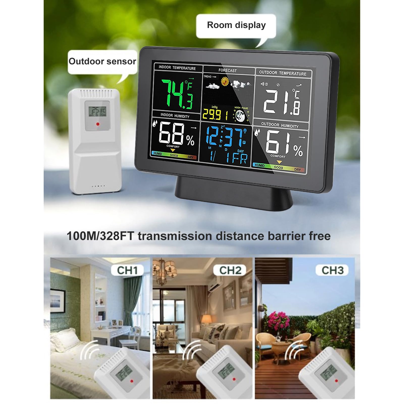 Thermomètre intérieur et extérieur sans fil de 7,5 pouces avec écran couleur rétroéclairé réglable, jauge de température d'humidité avec prévisions météorologiques, pression