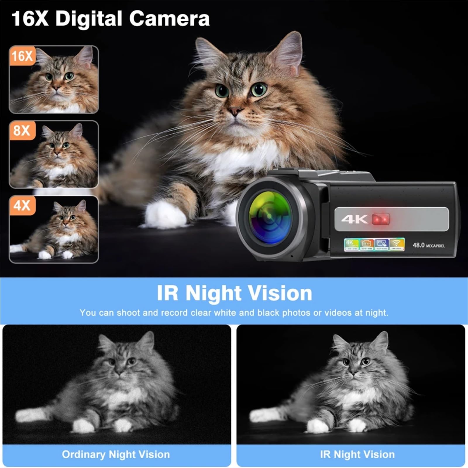 Videocamera, Videocamera 4K 48MP UHD WiFi IR Visione notturna Vlogging Camera for YouTube Zoom digitale 16X Touch Screen