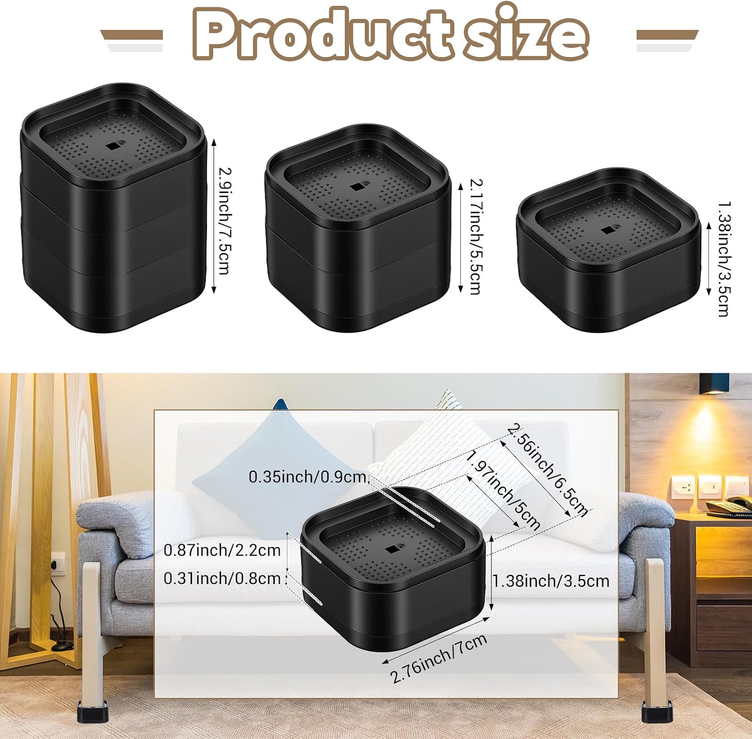 32 Pack Plastic Furniture Risers, Adjustable Heavy Duty Stackable Bed Risers 1.38 Inch, Desk Leg Lifts for Mattress Table Chair Couch Sofa Cabinet Bed Frame and Dorm, Black