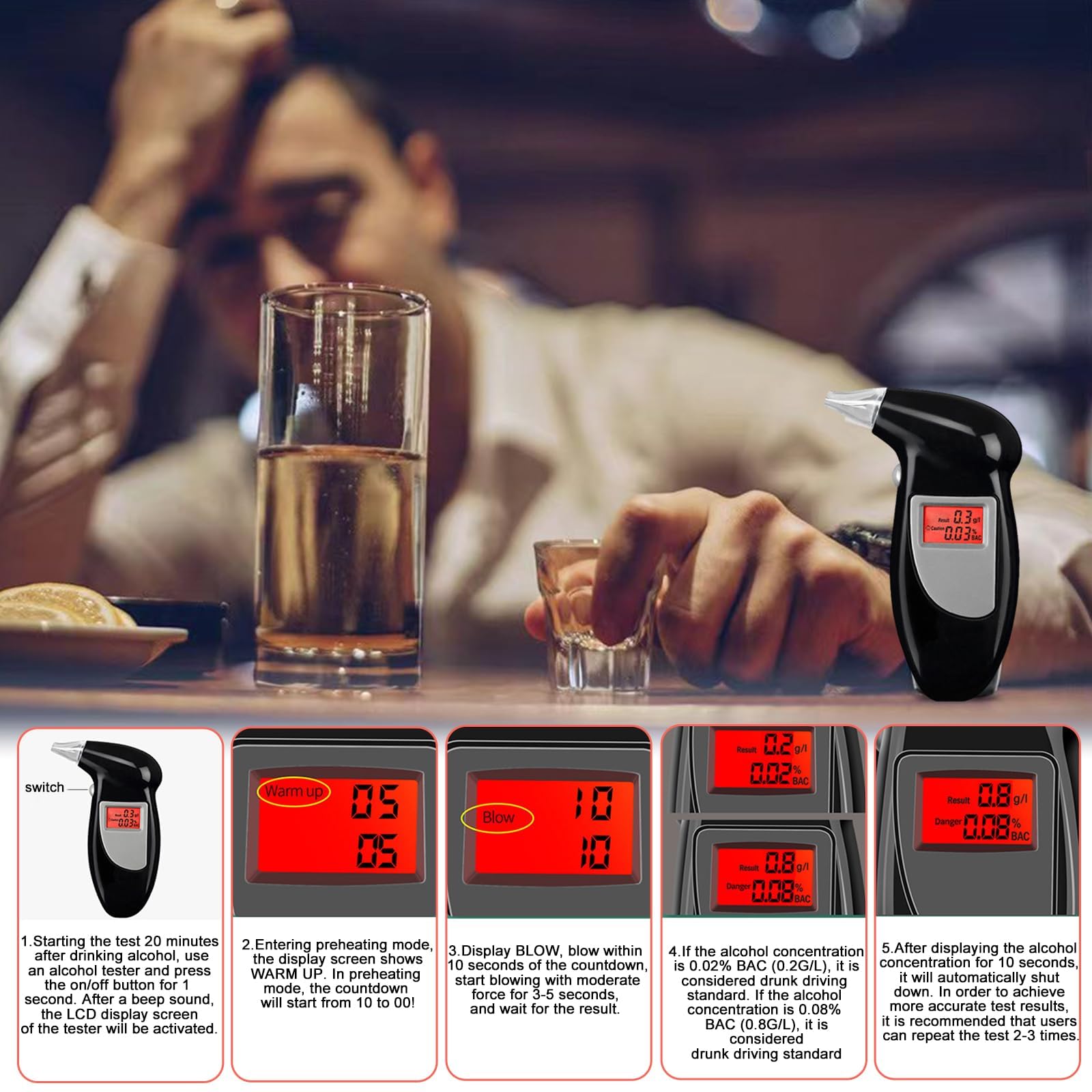 Alcoholímetro electrónico con 30 Puntas, Etil Preciso para la policía con Pantalla Digital LCD, Etillotest portátil para Uso doméstico