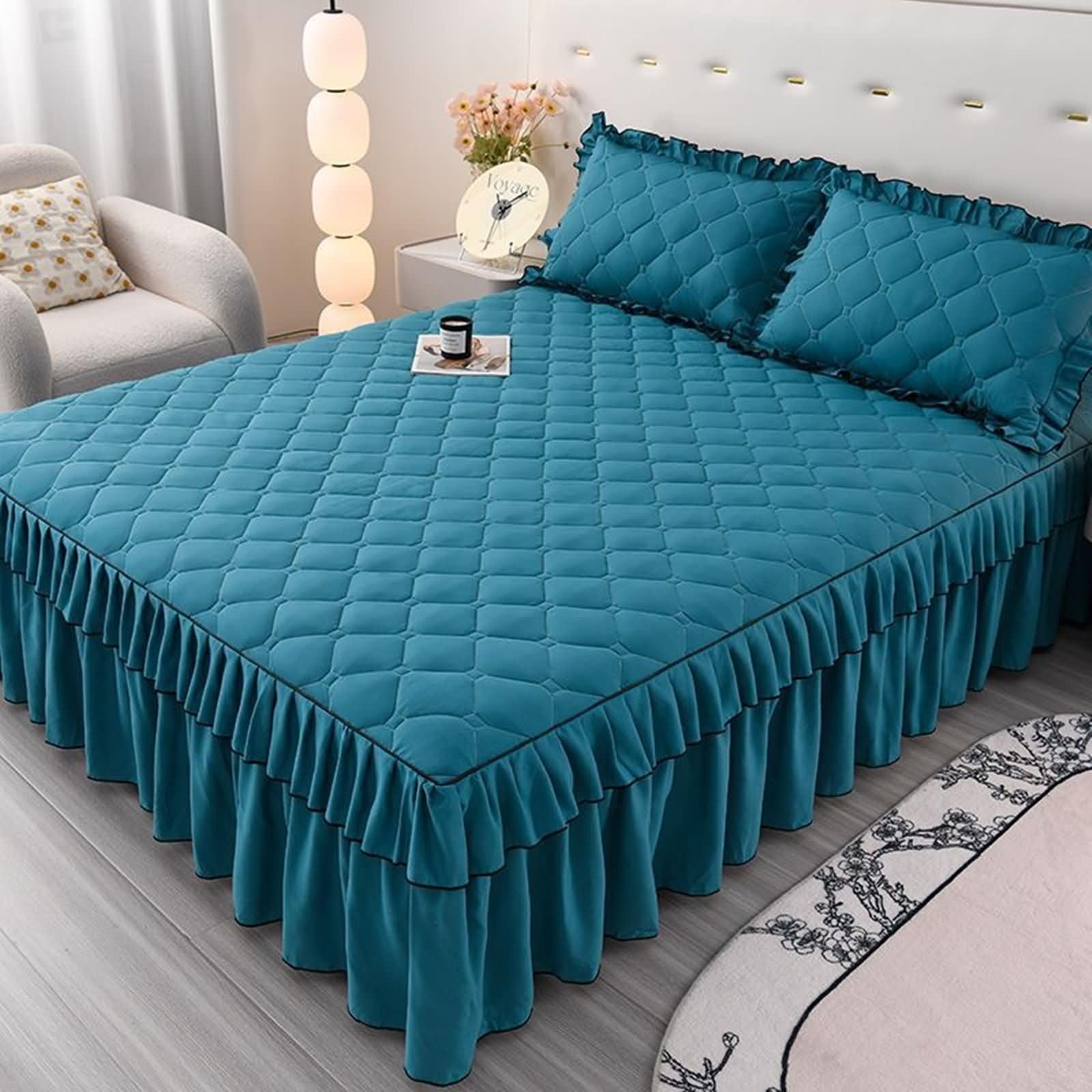 Spannbetttuch 120x200cm Pfauenblau Einfarbig, Bettspanntuch Polyester Rüschenmuster Bettlaken Boxspringbett