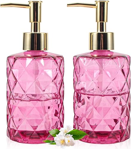 Dispensador de jabón con bomba, dispensador de jabón con patrón de diamante para encimera de cocina, baño, accesorios de baño rosa intenso (paquete