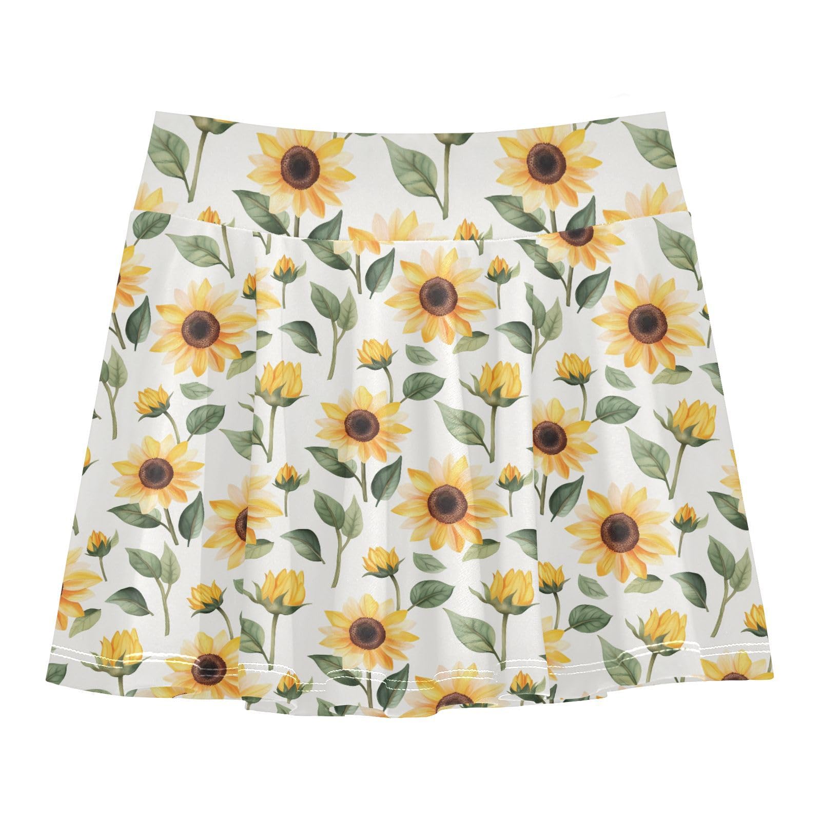JUNZAN Beige Sunflowers Flowy Athletic Skirt Girls with Shorts Kids Pleated Skort with Pockets Little Girls Golf Skirt