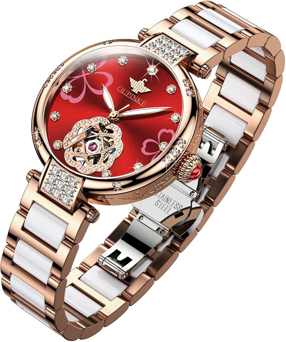 OUPINKE Womens Automatic Watches Rose Gold Ceramic Diamond